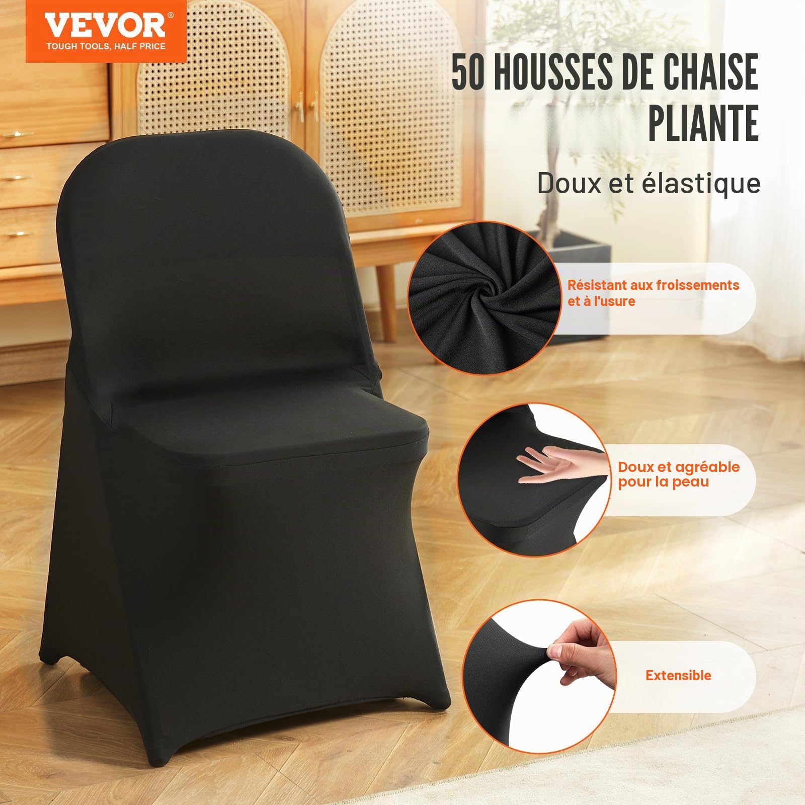 VEVOR Housses de Chaise Pliantes en élasthanne Extensible, 50 pièces, Protecteur de Chaise Universelle, Couverture Amovible et Lavable, pour Mariage, Vacances, fête, célébration, Salle à Manger, Noir