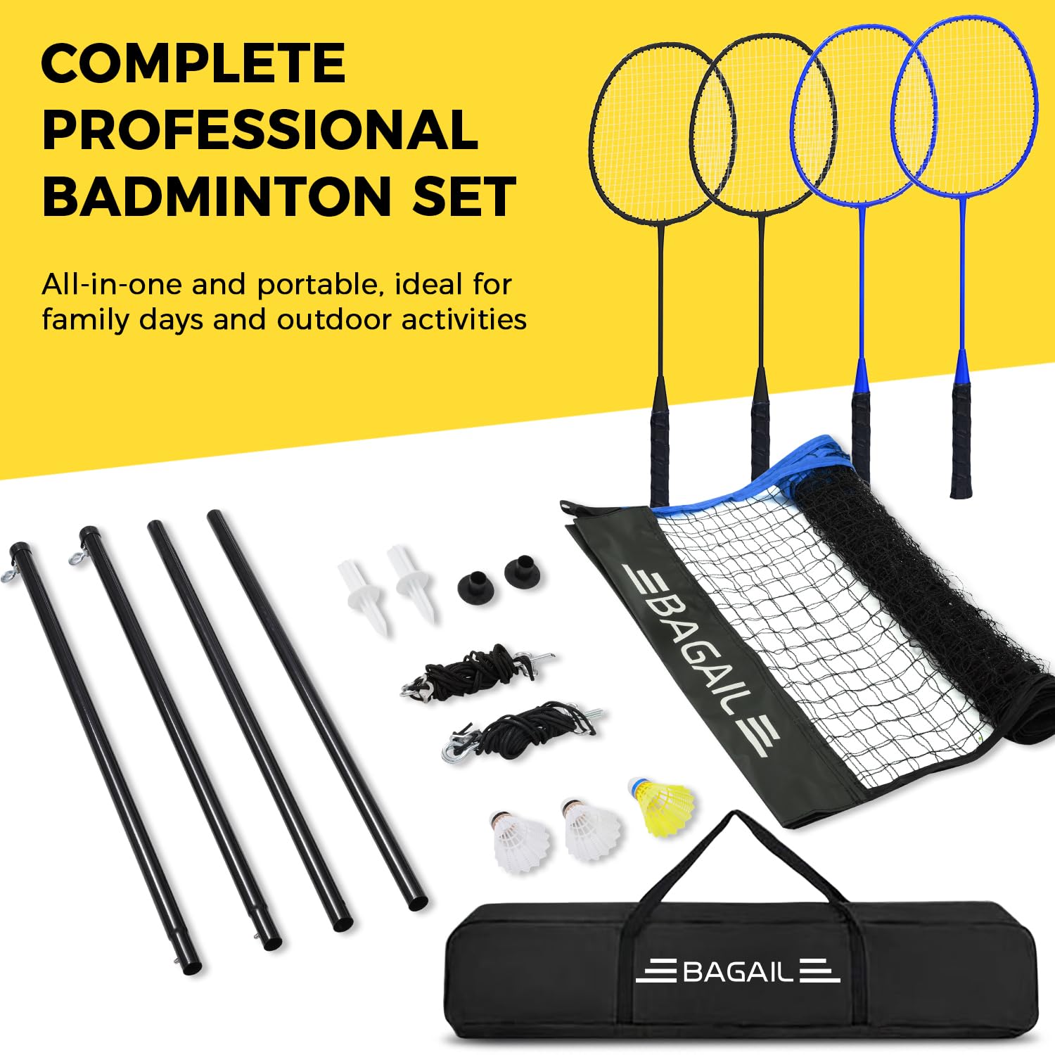 BAGAIL Set di reti da Badminton per esterni-Dimensioni 20ft x 5ft, 4 Racchette, 3 palline da Badminton, rete in PE resistente e borsa per il trasporto per il cortile, la Spiaggia e Giochi in Famiglia