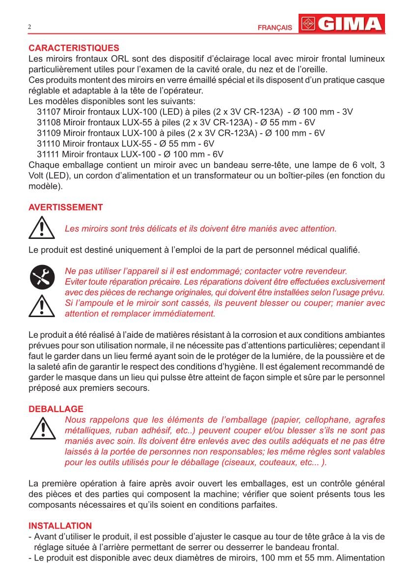 GIMA 31108 Modèle Lux-55 Miroir frontal Orl, à batterie, 6 V