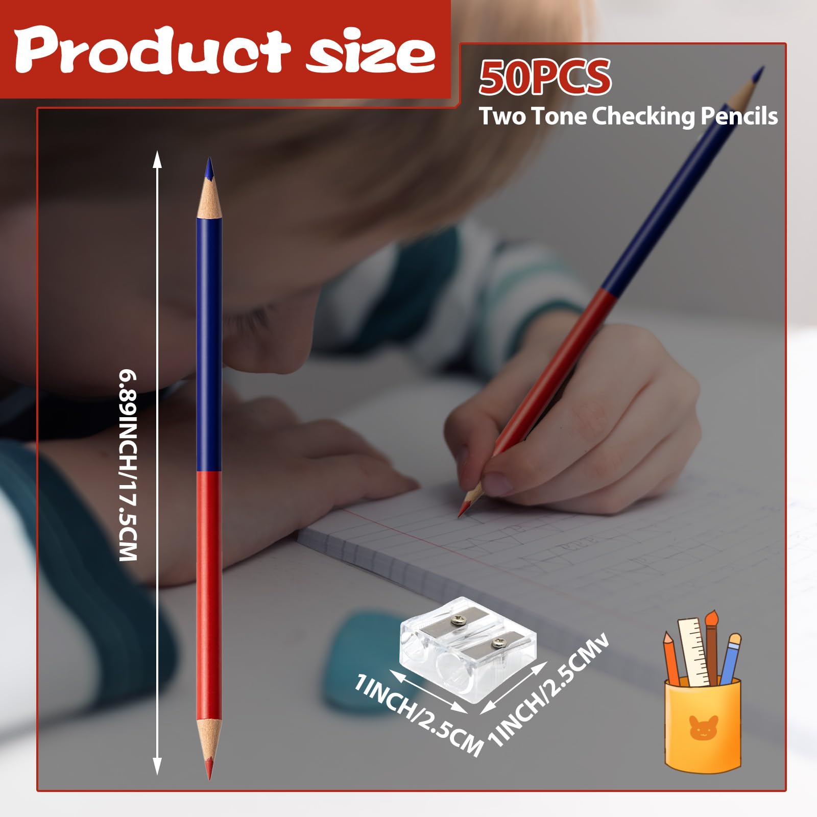 Lot de 50 crayons à chèques rouges et bleus effaçables avec taille-crayons pré-taillés #2 HB pour vérification, évaluation, tests et fournitures de bureau/scolaire