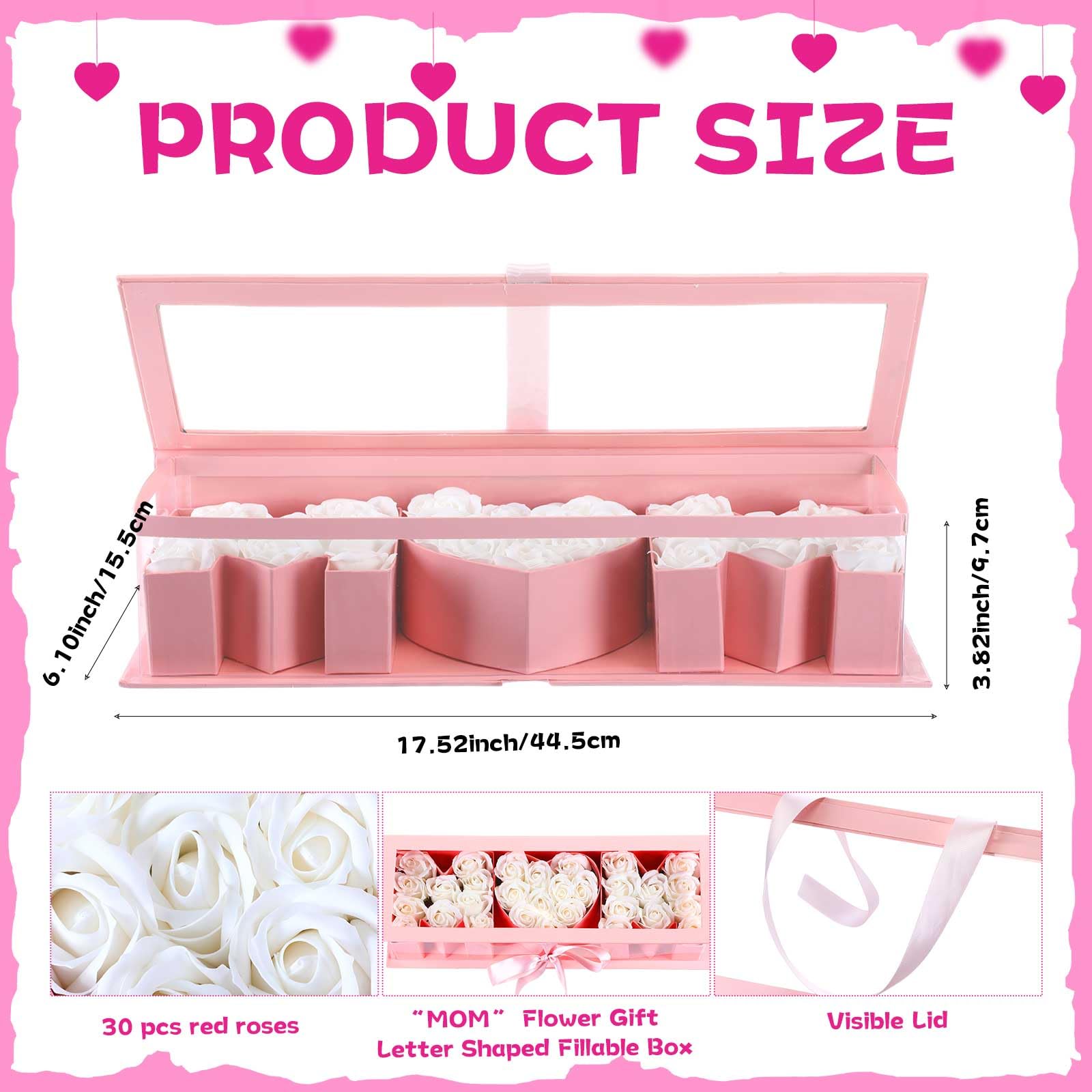 Thiccywoov 1 Pcs Mother's Day Flower Box with 30 Scented Flowers Mom Letter Shaped Fillable Boxes Floral Gift Packaging for Arrangement Mother's Day, Birthday Gift(Pink Box, White Flower)