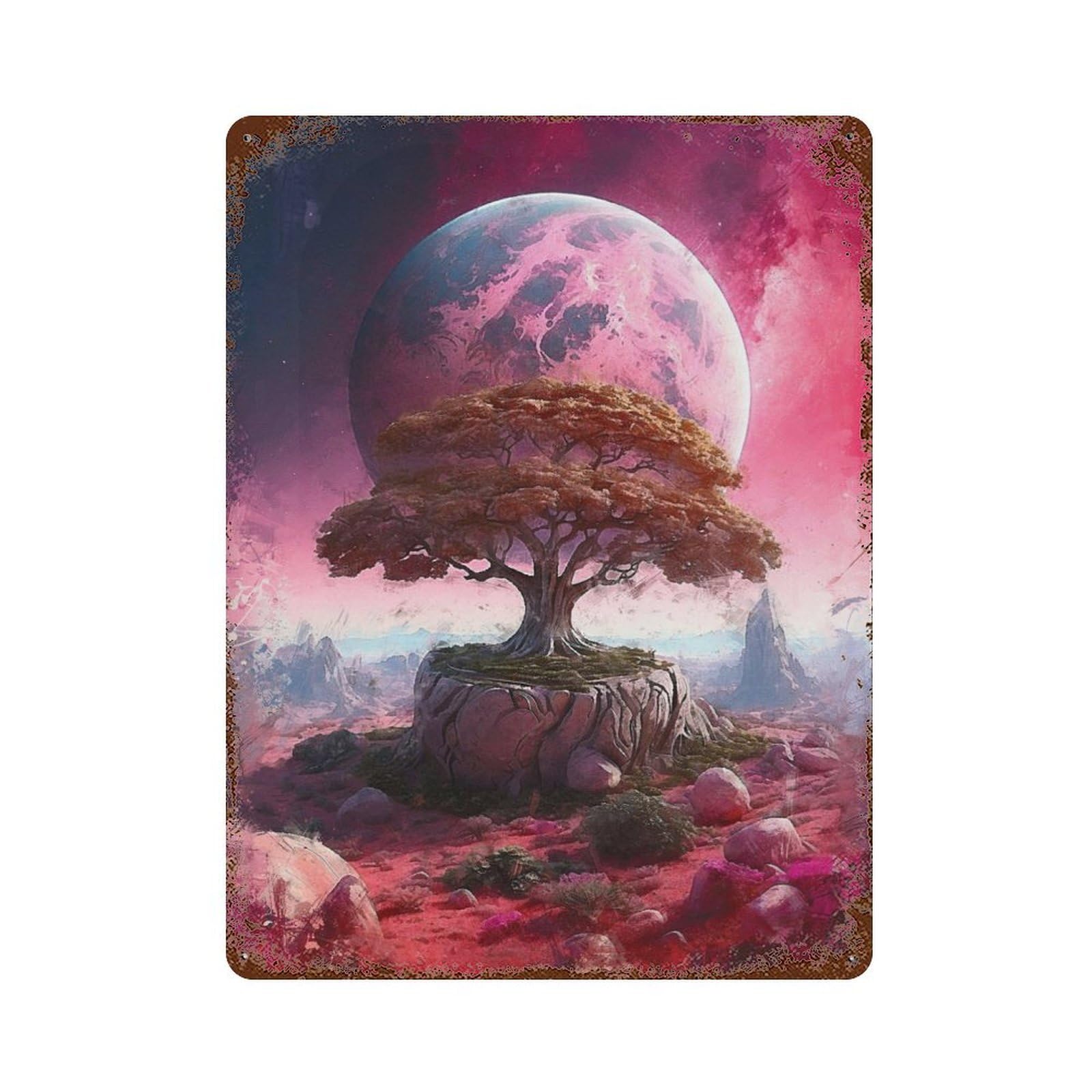 Retro Metal Sign Tree on The Pink Planet 15.7"x11.8", Retro Wall Decor for Living Room, Hallway And Home Decor