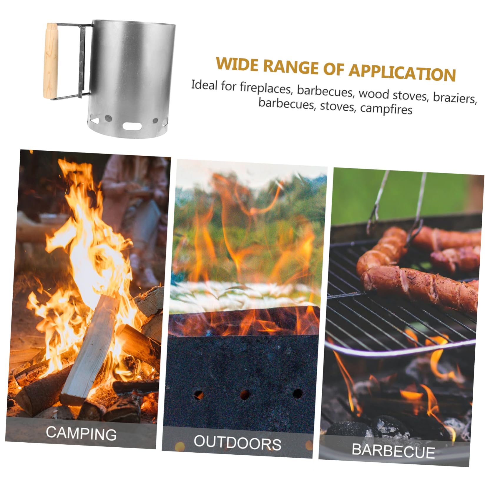 BESPORTBLE Encendedor de Carbón para Chimenea de Barbacoa de Camping | Acabado Plata, Hierro y Mango de Madera, Gran Circulación de Aire, Uso Exterior y Brasero