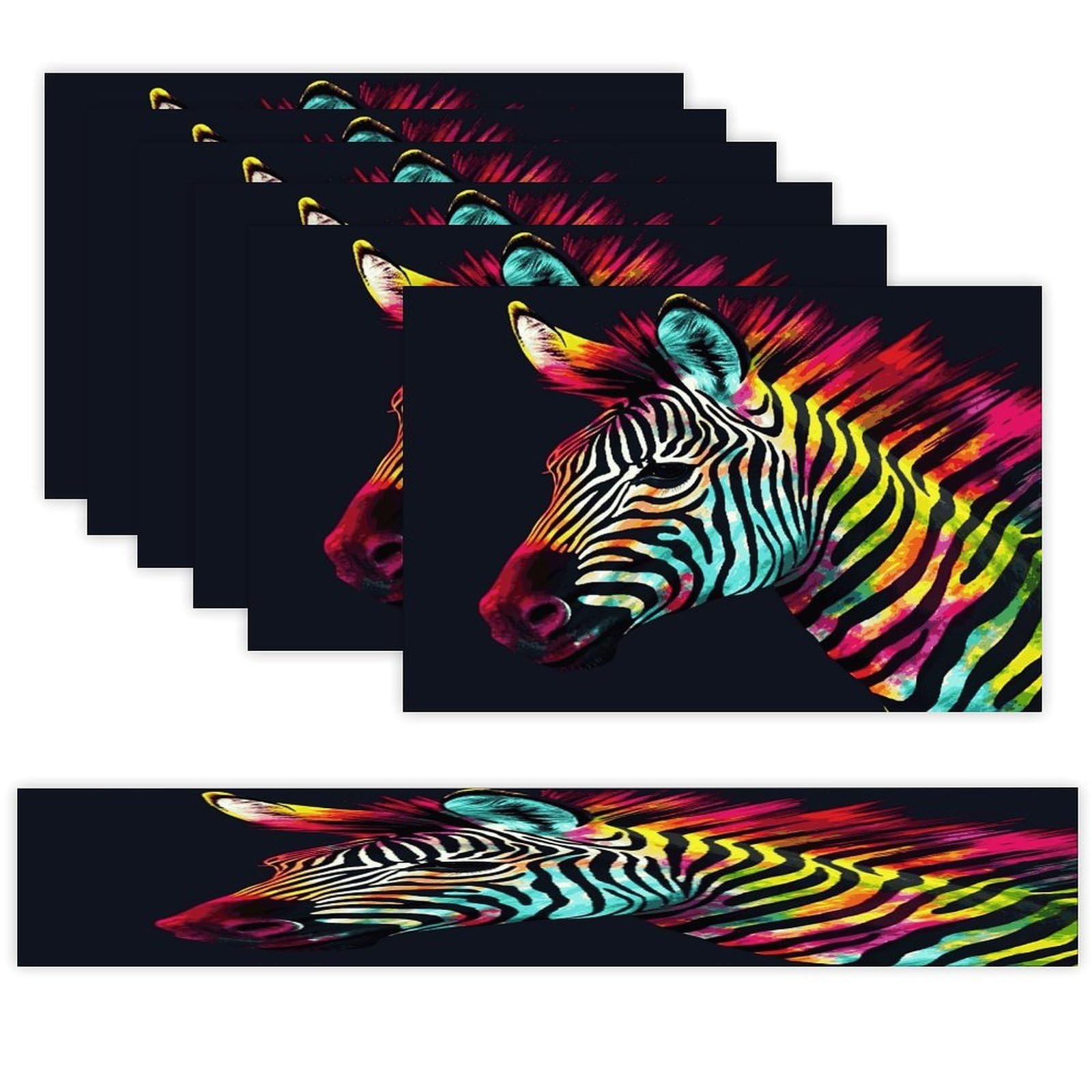 Colorful Rainbow Zebra Table Runner and Placemats Set of 6 Modern Art Table Runners Table Mats Heat Resistant Non-Slip Place Mats Washable Linen Dining Mat Sets for Kitchen
