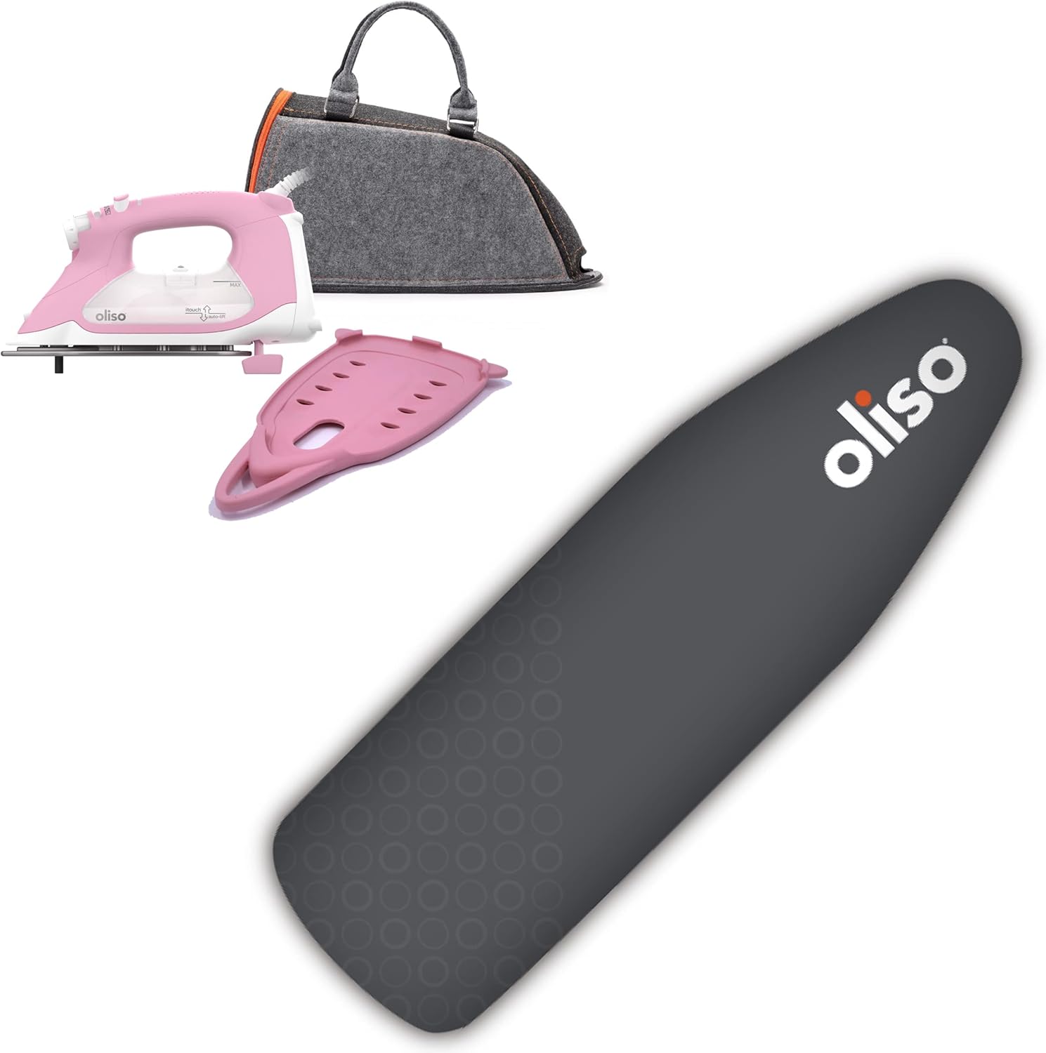 Oliso TG1600 Pro Plus 1800 Watt SmartIron with Auto Lift & Oliso Solemate Silicone Iron Soleplate Protector (Pink) + Carry Bag for full-size irons + Ironing Board Cover (Gray)