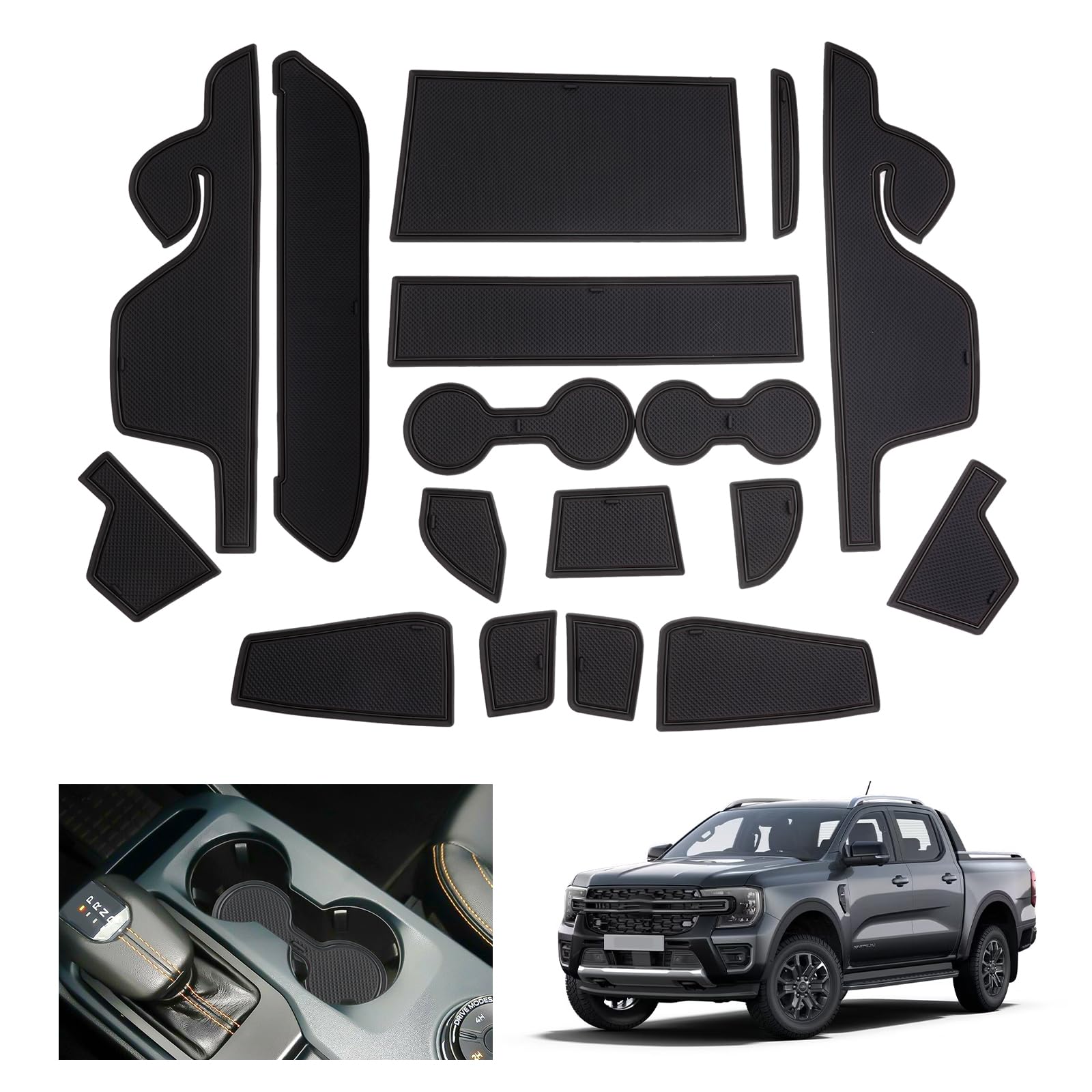 GAFAT Compatibile con Ford Ranger T9 2025 2026-2023 (Freno Elettronico) Tappetini Antiscivolo, Ranger T9 Raptor Wildtrak Tappetino Gomma, Console Centrale, Cuciture Porte, Accessori Ranger 2025 (Nero)