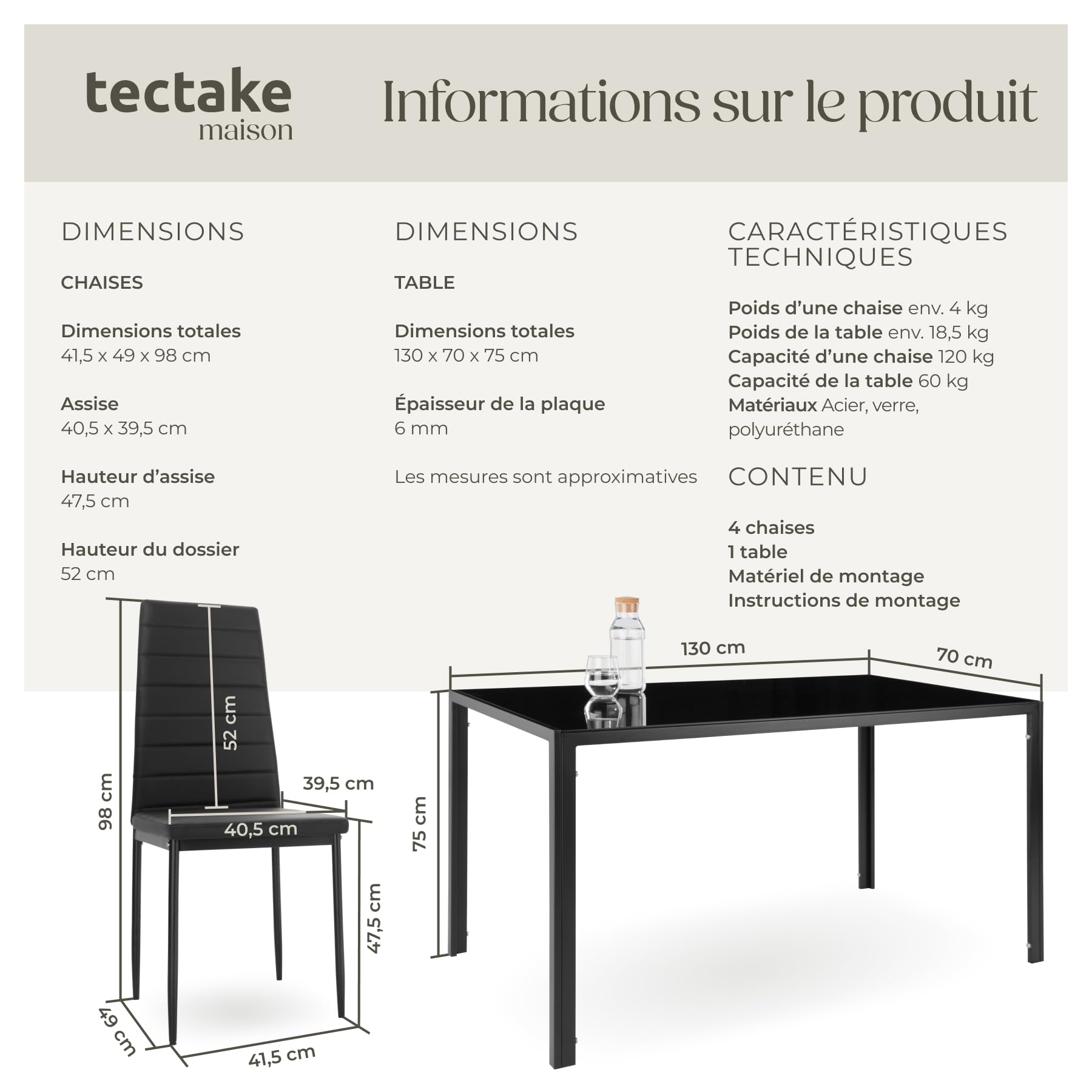 tectake® Ensemble Table à Manger avec 6 chaises de Salle à Manger en Cuir synthétique Chaises Modernes Structure & Pieds en Acier Table Salle à Manger en Verre trempé pour Salon, Chambre, Cuisine