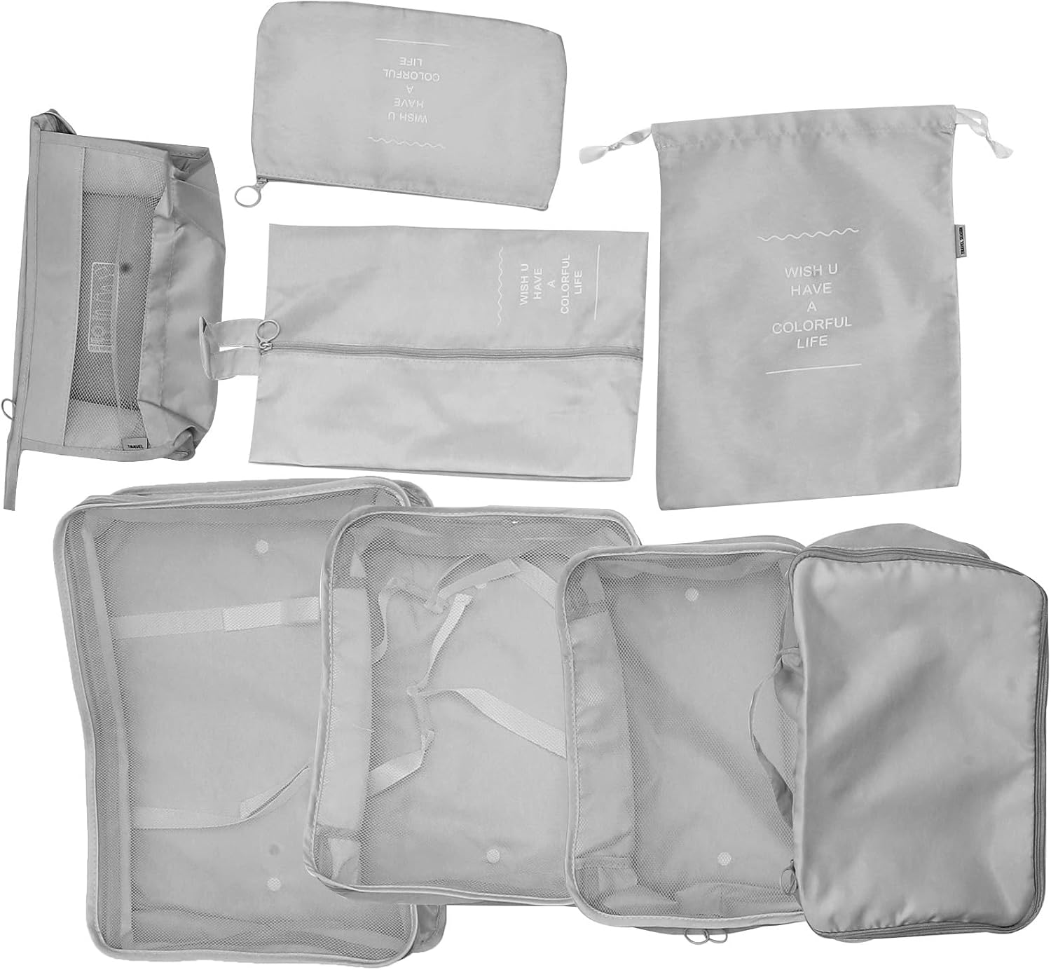 Travel Packing Cubes Luggage Organizer Bag Set 8pcs Foldable Grey Storage Bags with Shoe and Toiletry Compartments for Suitcase and Travel Accessories