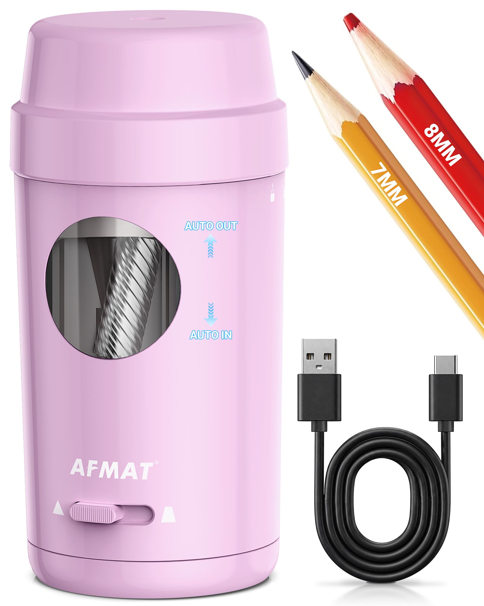 AFMAT Temperamatite elettrico con contenitore, per bambini, ricaricabile, con 2 livelli di affilatura, φ7-8 mm, completamente automatico e sicuro, temperamatite portatile per casa, aula e ufficio