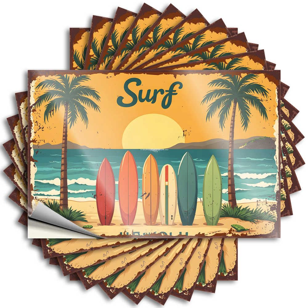 Surfboards On The Beach with Palm Trees At Sunset Quote Funny Bathroom Decor | Retro Water Removable Decal Pack(6X9CM)