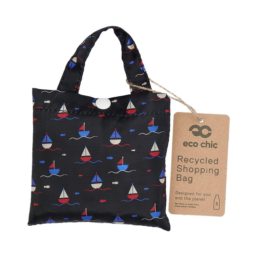 ECO CHIC Lightweight Foldable Reusable Shopping Bag Water Resistant Tote Bag (Yachts Navy) - Image 2