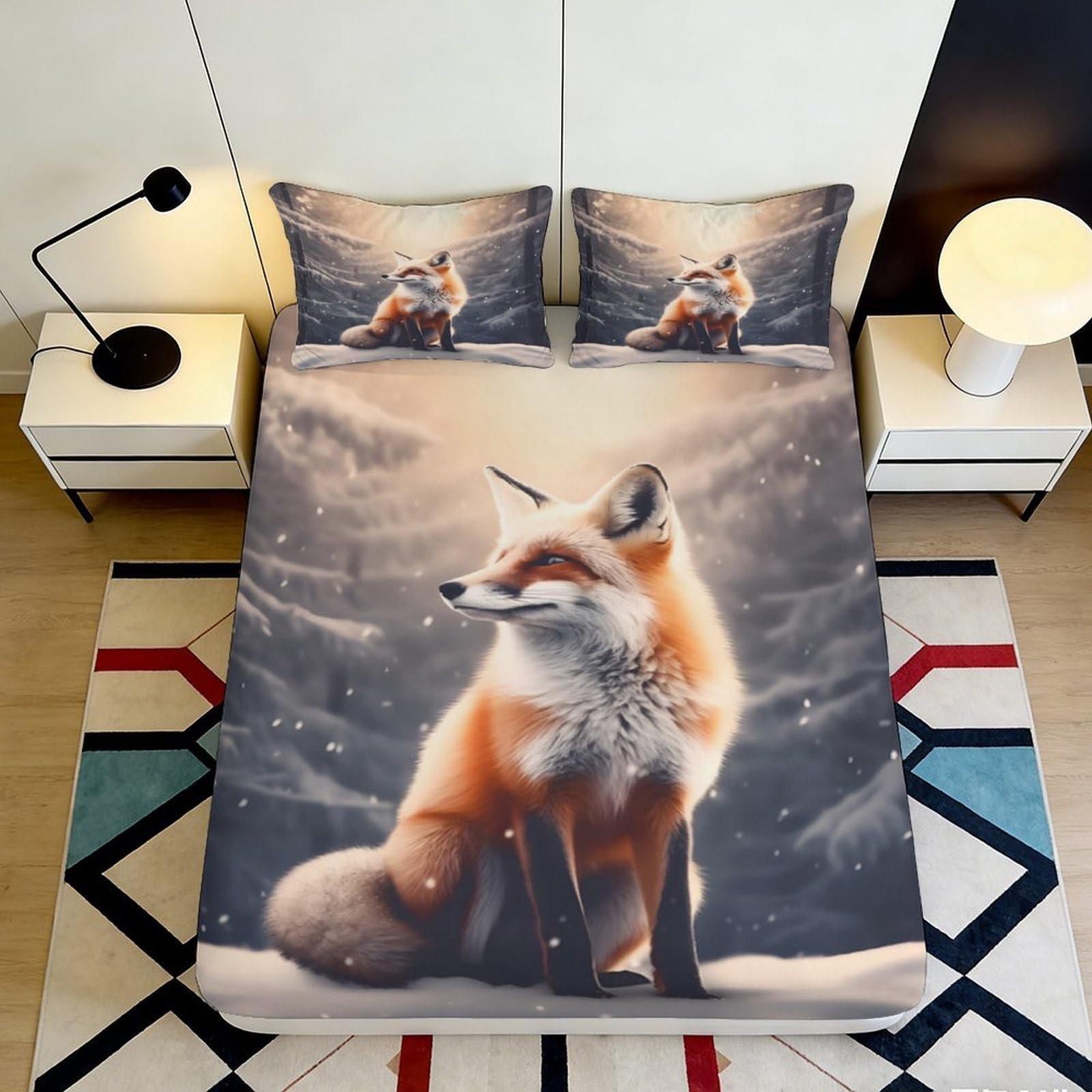 3D Printed Fox Forest Fitted Sheet Microfiber Soft Anti-Slip Mattress Cover for Bedroom Guest Room Decor 120x200x25cm