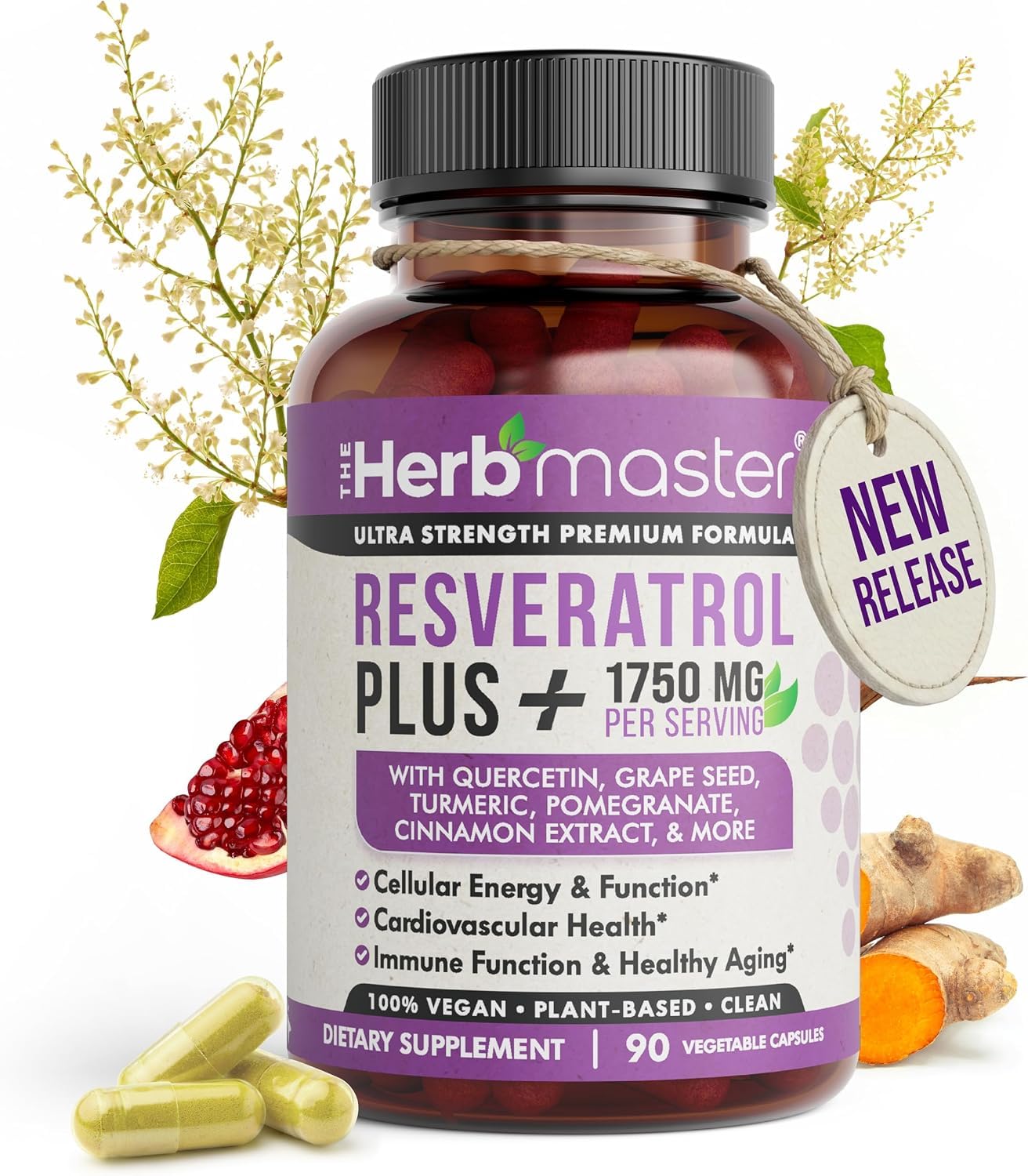 HERBMASTER Resveratrol Plus, 1750mg Synergistic Blend - 90 Capsules