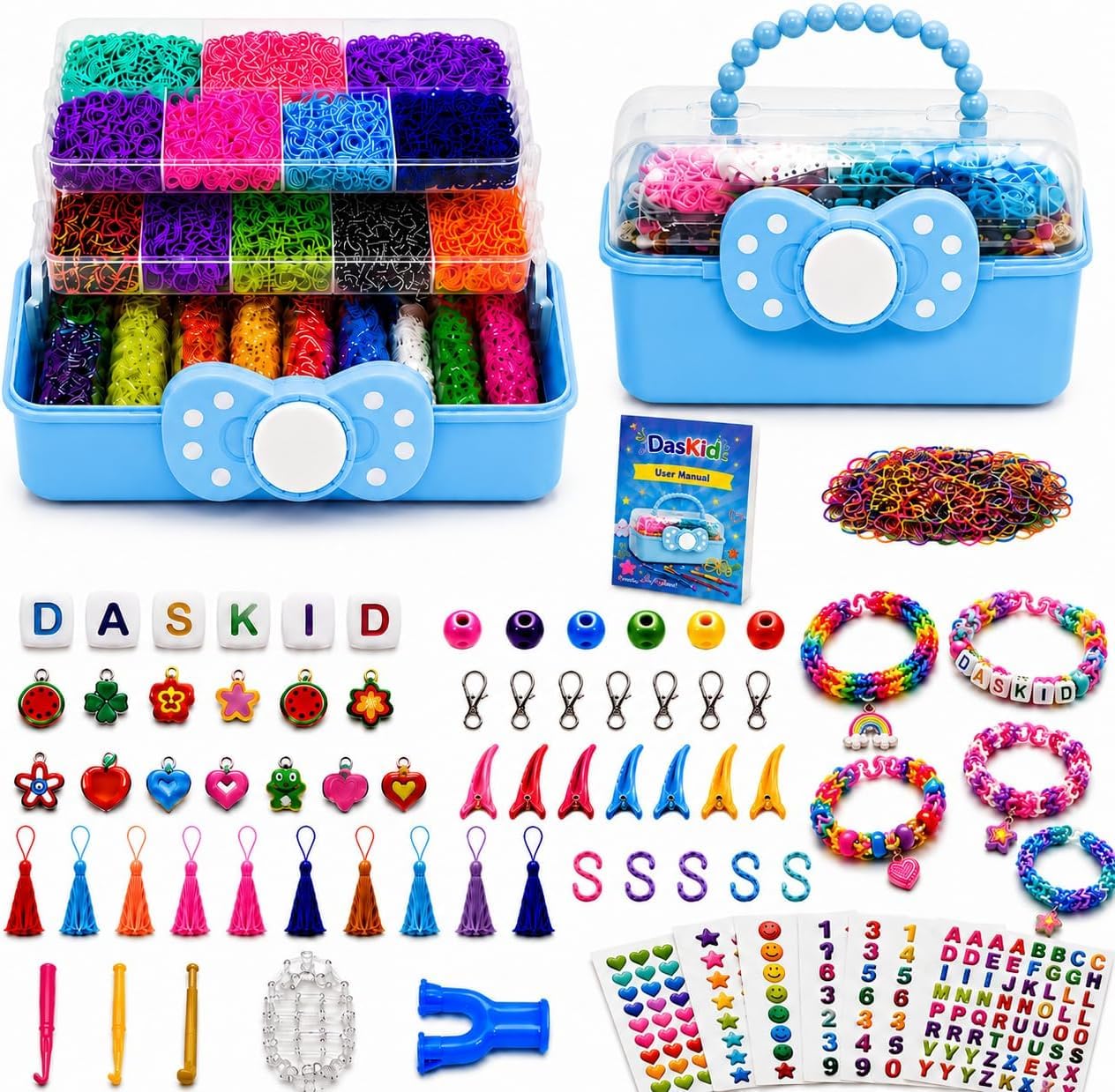 DasKid 15000+ Loom Bands Kit - Vibrant Colors Loom Bands – Rubber Bands Bracelet Making Kit with A,B,C Beads, Bracelet Connector and Tools with Storage Box - DIY Arts & Crafts (17k SkyBlue)