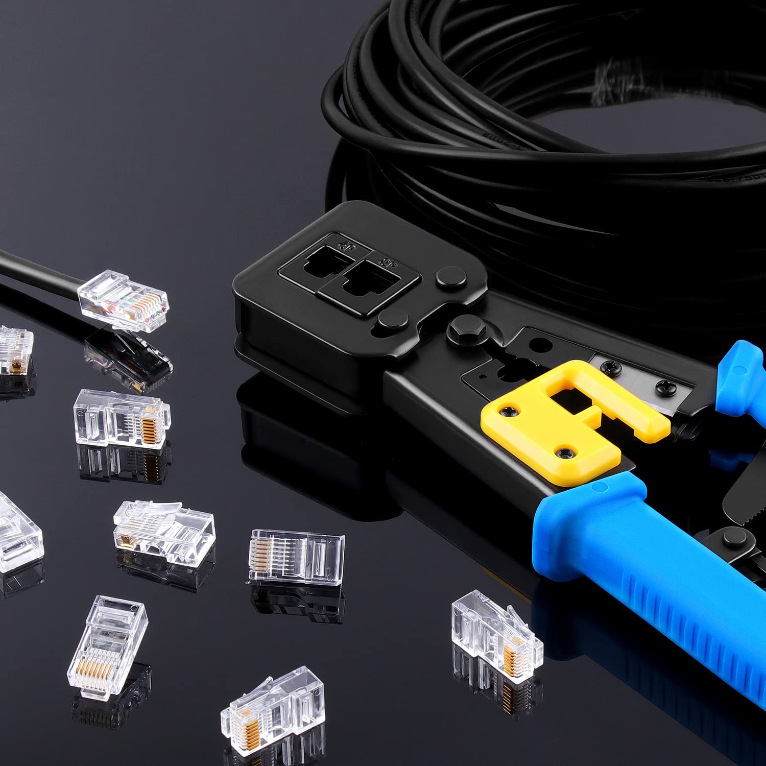 Delgada Crimpatrice RJ45 per kit di crimpatura Cat6 Cat5e Cat5, con 50 connettori passanti, tester per cavi di rete e spelafili per RJ45/RJ12 standard