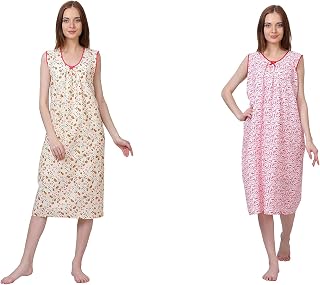 Breezly Woman's Long Short Combo Cotton Nighty Multicolour Price In India