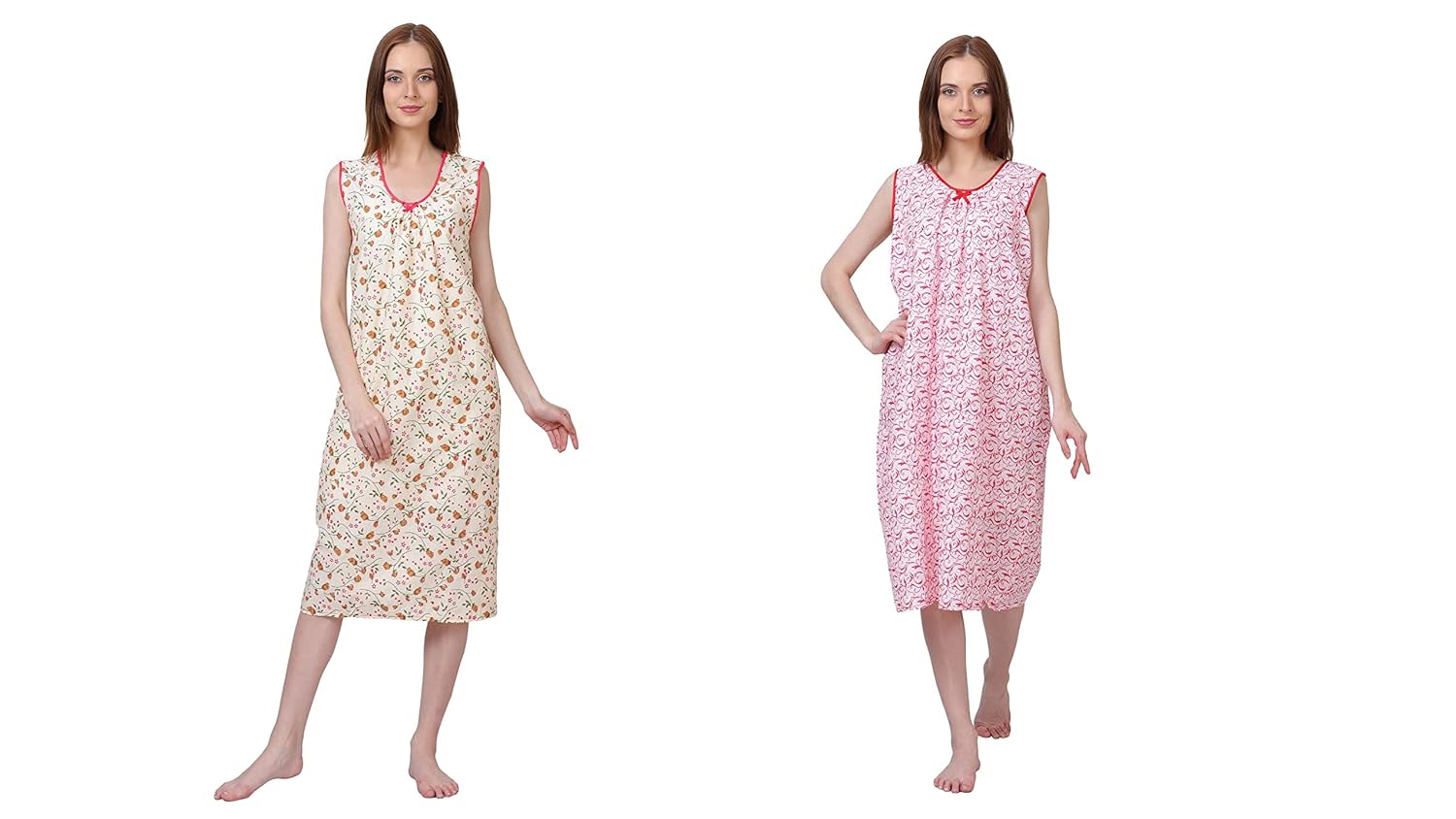 Breezly Women Cotton Calf Length Printed Red & Cream Combo Midi Nighty, Free Size - Review, Price and Buying Guide