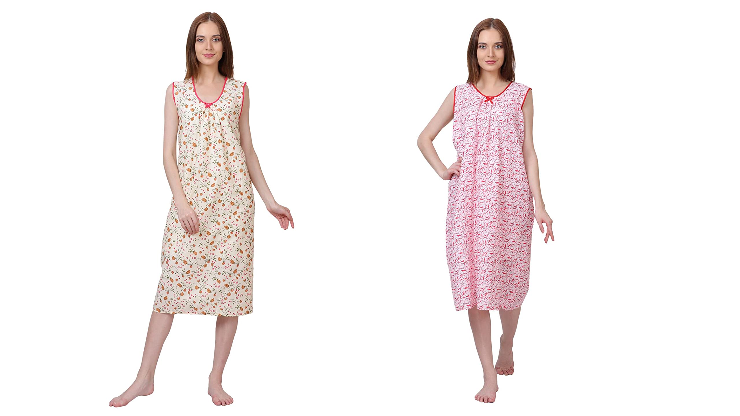 Woman Calf Length Printed Red & Cream Combo Midi Nighty-image-42