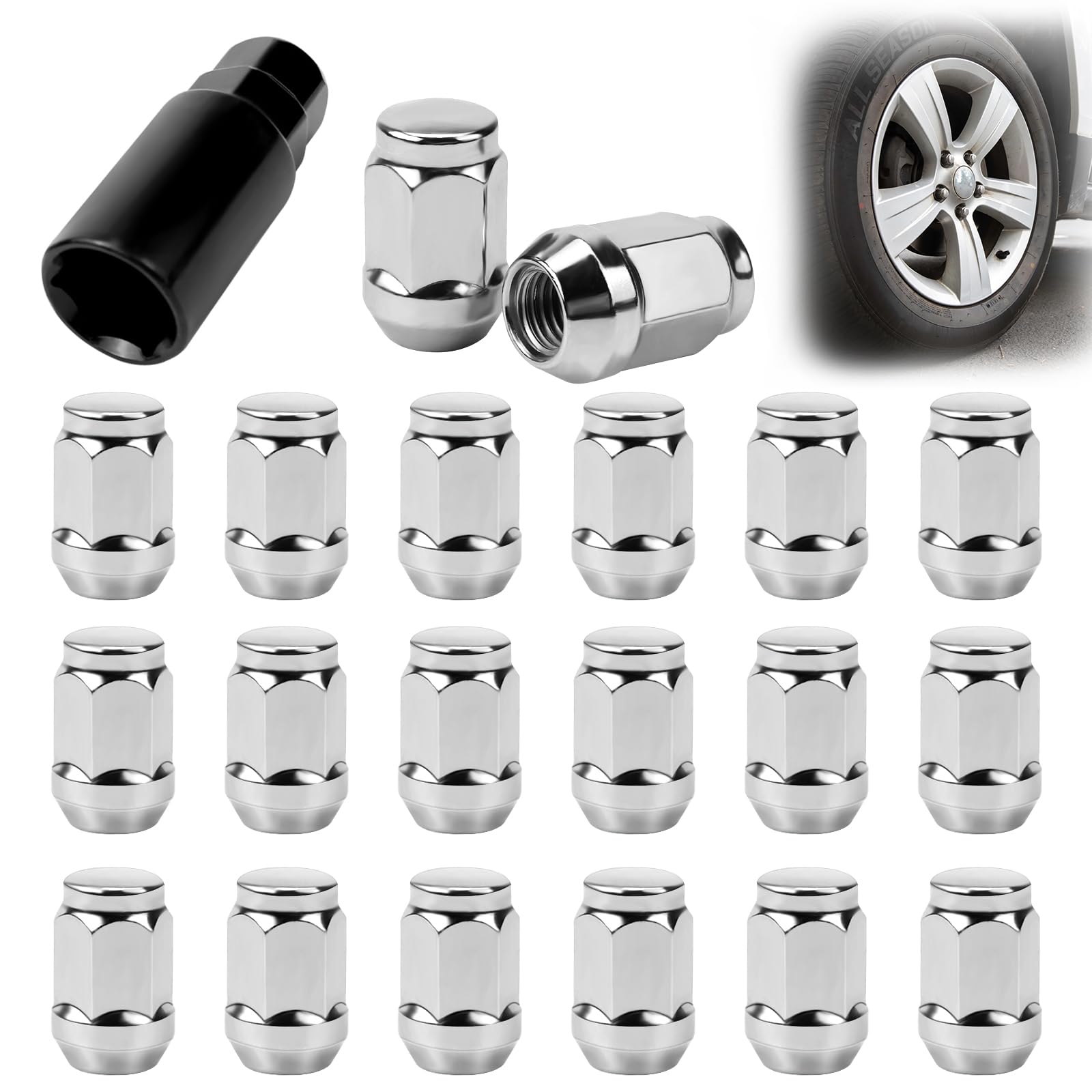 UVVRUR Radmuttern Radmutterkappen 20 Stück Radmuttern M12x15 Chrom Schrauben Kappen Geschlossen Kegelbund 60° für mit Ford, Toyota, Honda, Mazda (A-M12X1.5,Silber)