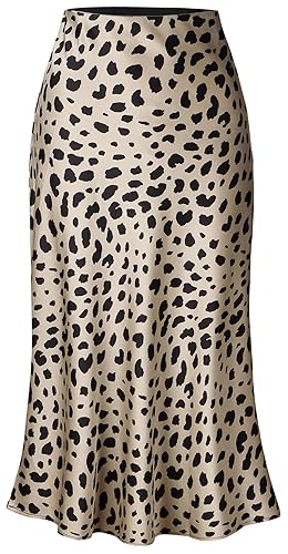 Keasmto Leopard Skirt for Women Midi Length High Waist Silk