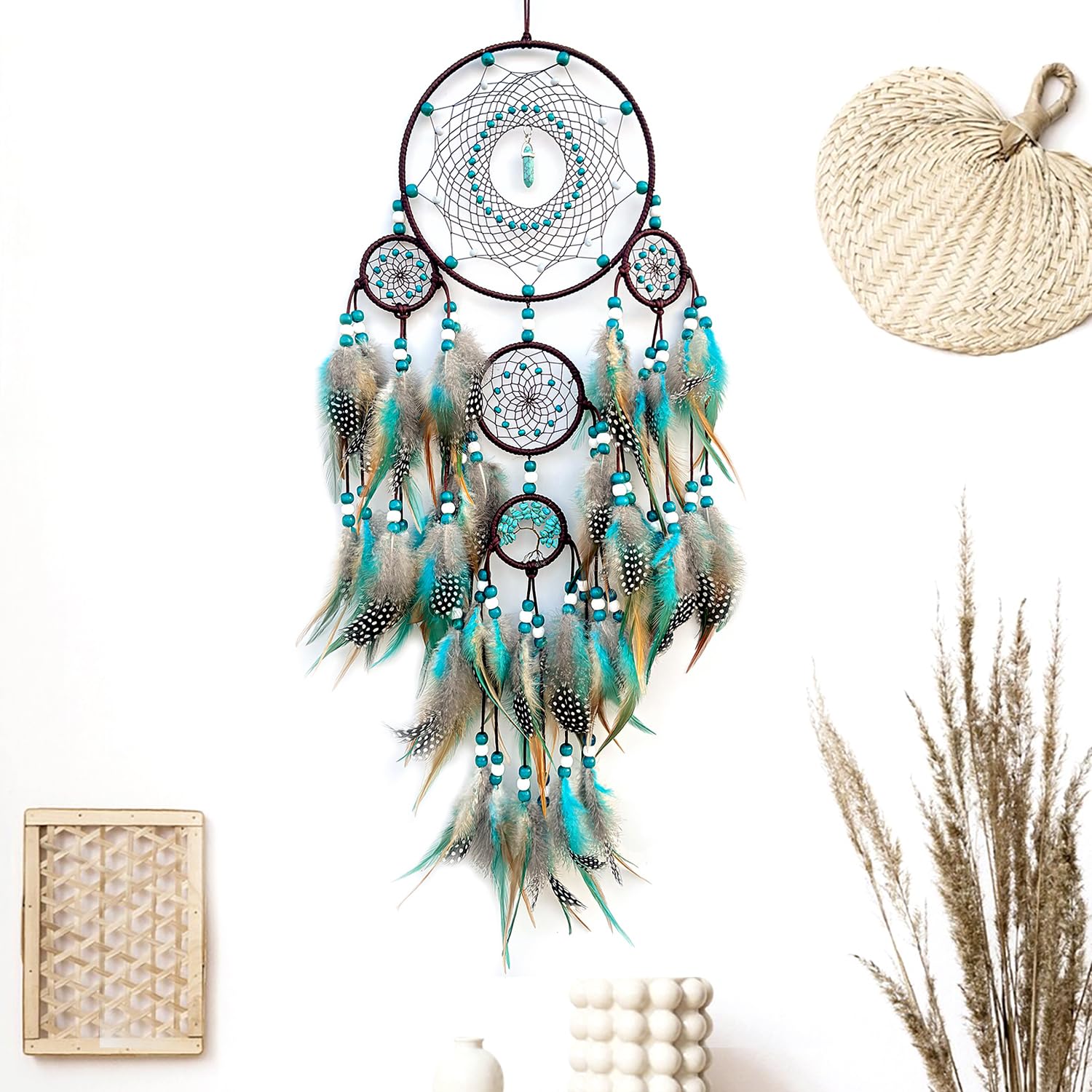 Large Dream Catchers,Boho Handmade Woven Turquoise Dream Catcher Wall Hanging Ornament for Bedroom Living Room Apartment Wedding Party Decor, Festival Blessing Gift (Turquoise)