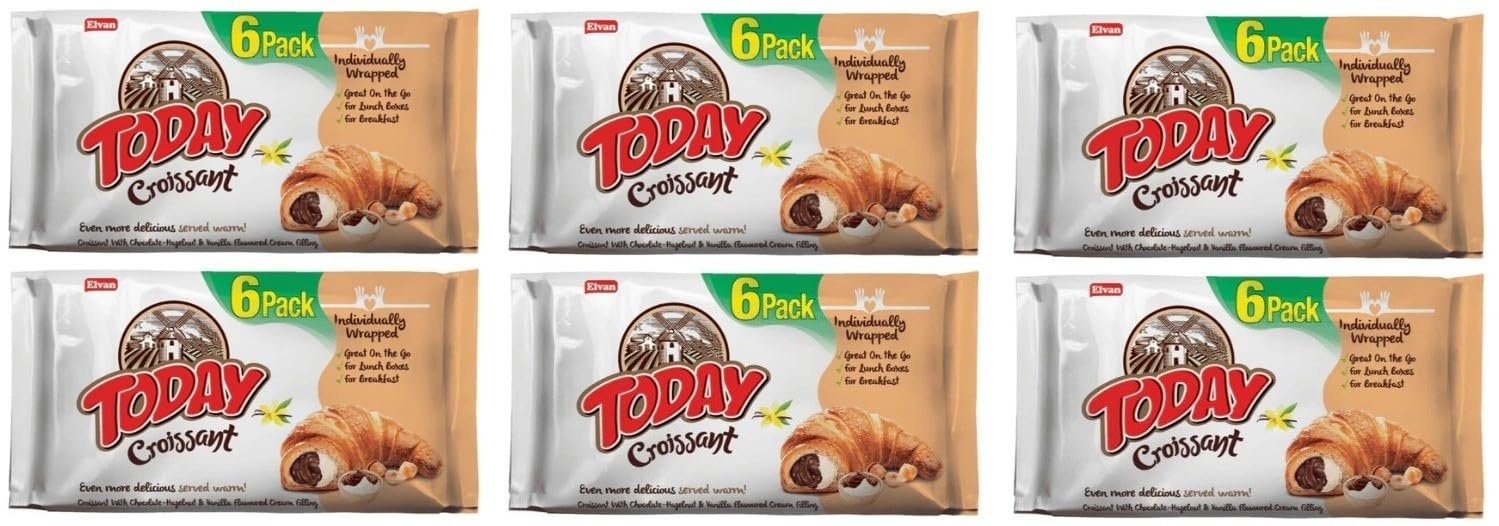 Today Croissant with Chocolate-Hazelnut & Vanilla Flavoured Sauce Filling, Cikolatali Findikli ve Vanilya Aromali Sos Dolgulu Kruvasan, Individually Wrapped, 6 Pack, 9.52 oz, Pack of 6 (36 counts)