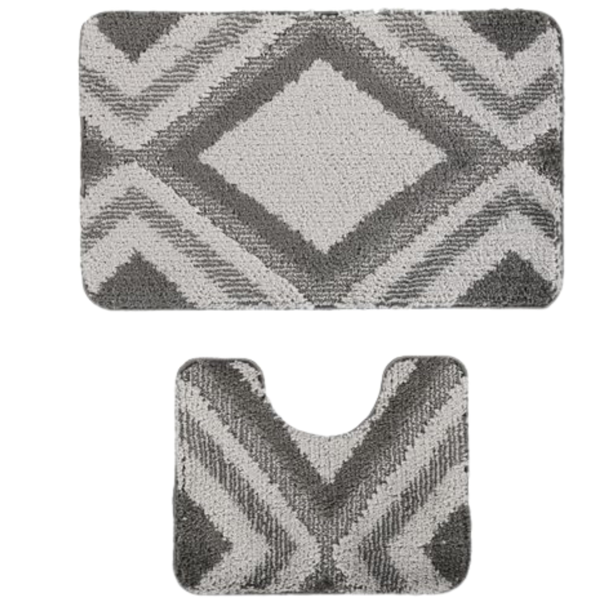 Paradise Products Bath Mat Set - Bath Mats 2 Piece Set- Soft Plush Anti-Slip Rugs - Bathroom Carpet Essentials - Bathroom Mat Quick Dry - Washable Mats - (Grey, 80 x 50 cm + U Shaped 48 x 48 cm)