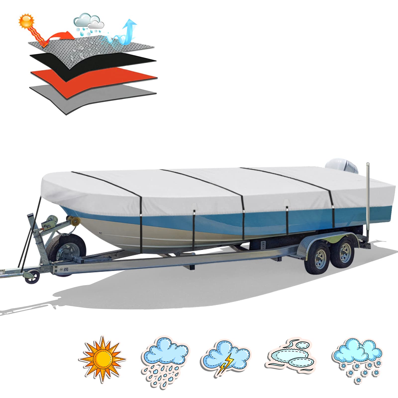 16FT Jon Boat Cover, Waterproof 800D PU Heavy Duty Mooring Cover, Marine Grade UV Resistant Polyester Canvas Trailerable Replacement for Jon Boat 16' Long Beam Width Up to 75 in, Gray