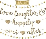 Pre-Strung Love Laughter & Happily Ever After Banner for Wedding Shower Decorations, Gold Glitter Banner Sign with 13FT Heart Streamers Garland for Bachelorette Party Bridal Shower...