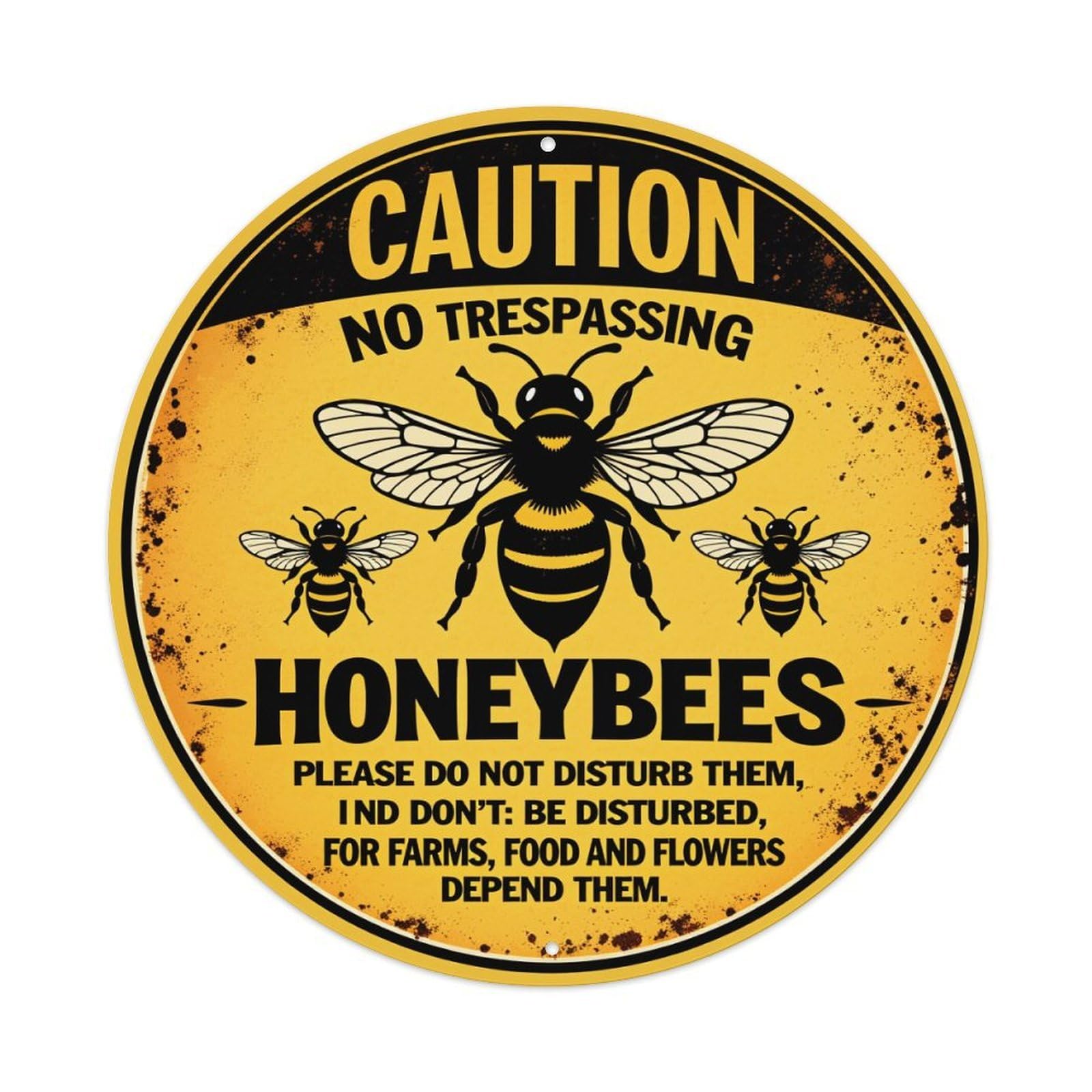 Lzwbntey Vintage Caution No Trespassing Honeybees Please Do Not Disturb Metal Tin Sign Retro Wall Decor For Home Bar Garage Cafe, Indoor & Outdoor Decorative，Circle Metal Poster, 8X8 Inch