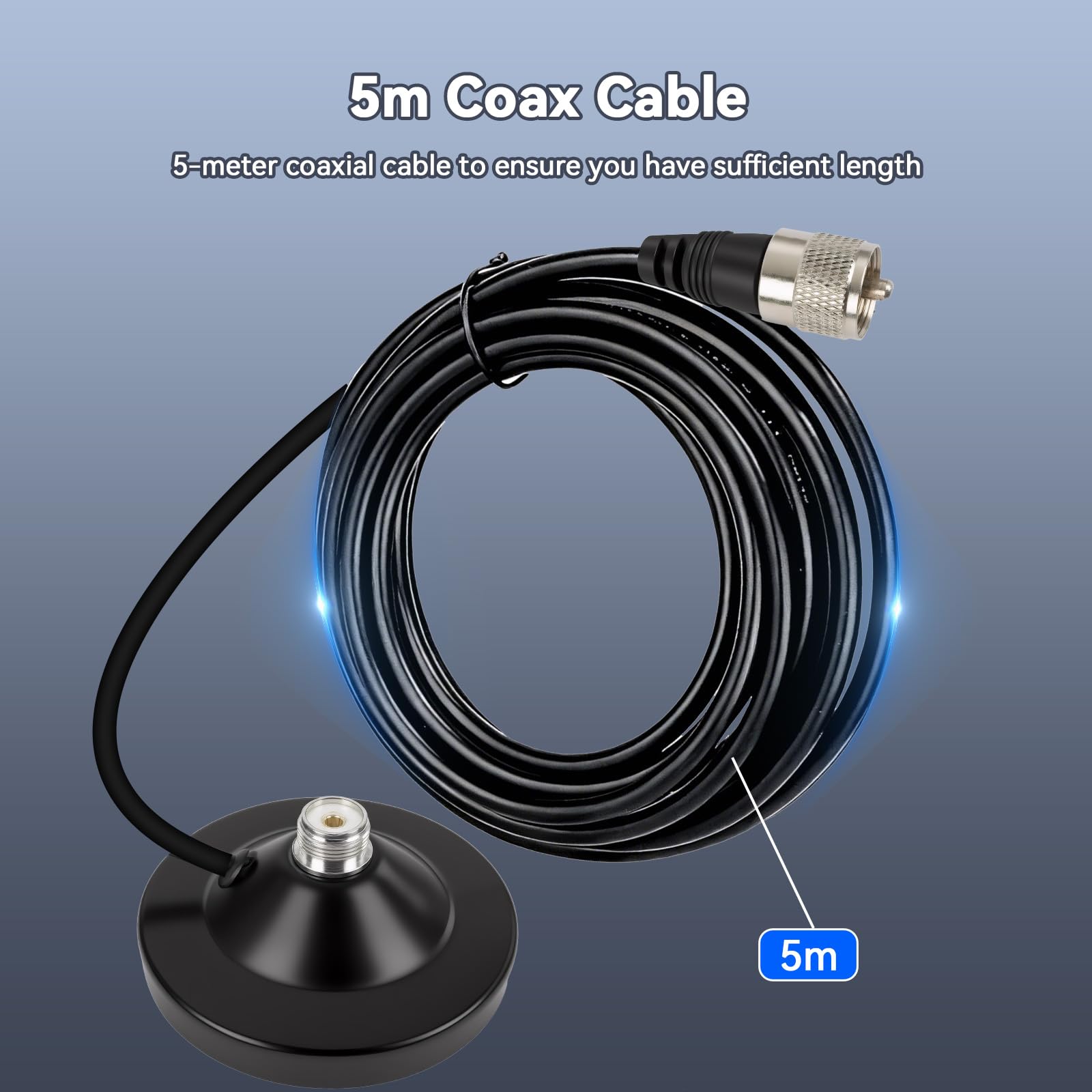 Retevis CB Funk per Radio CB, Lunghezza 120cm, 150W, Connettore PL259, Impedenza 50 Ohm, Antenna CB con Cavo RG58 da 5 m, Supporto magnetico, Antenna CB 27 MHz, Compatibile con CB Midland/Retevis