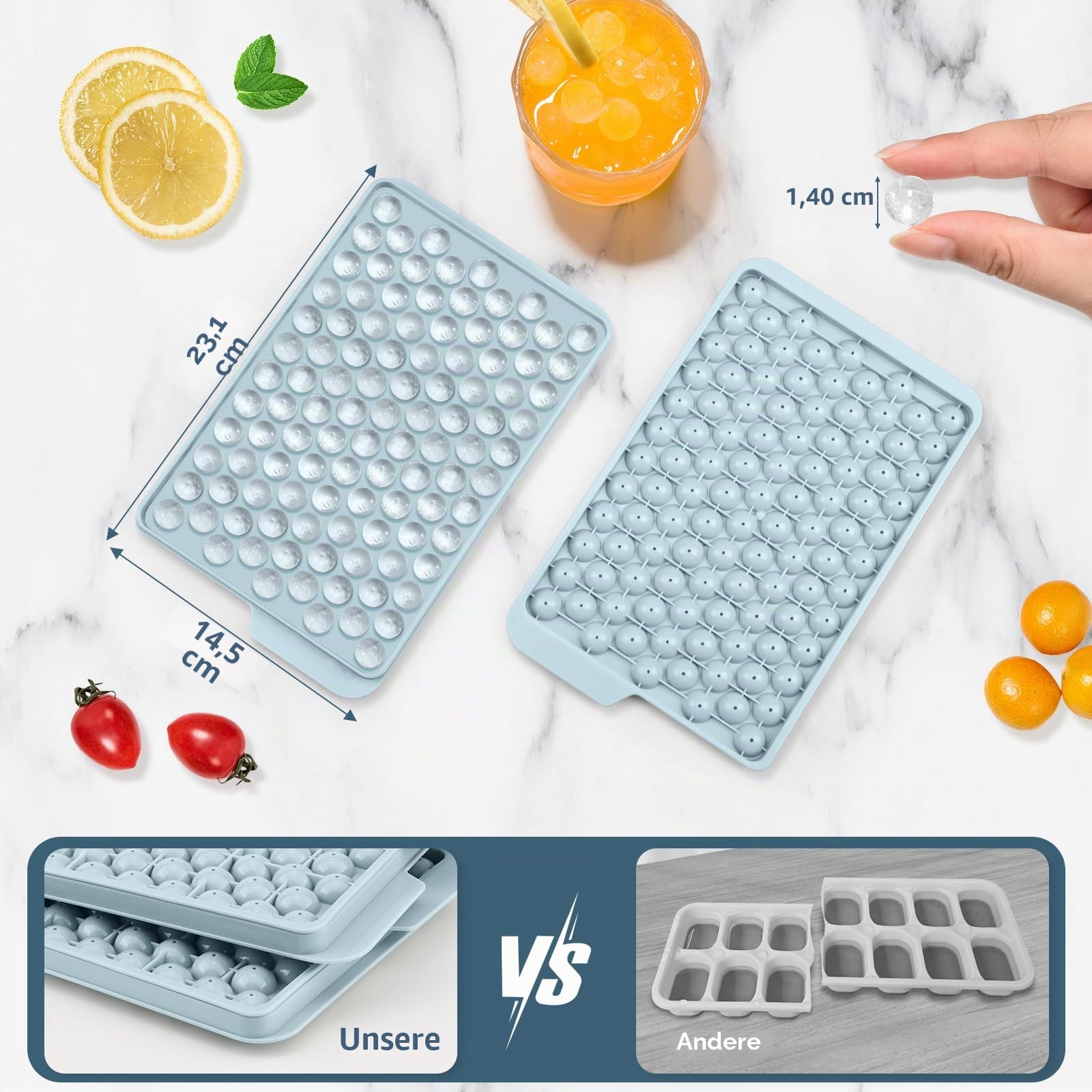 WIBIMEN Mini Eiswürfelformen, Verbesserte Runde Eiswürfelform, 104 x 4 Stück kleine Eiswürfel zum Kühlen von Getränken, Kaffee, Saft(4 Stück blaue Eiswürfelformen & Eisbehälter & Eisschaufel)