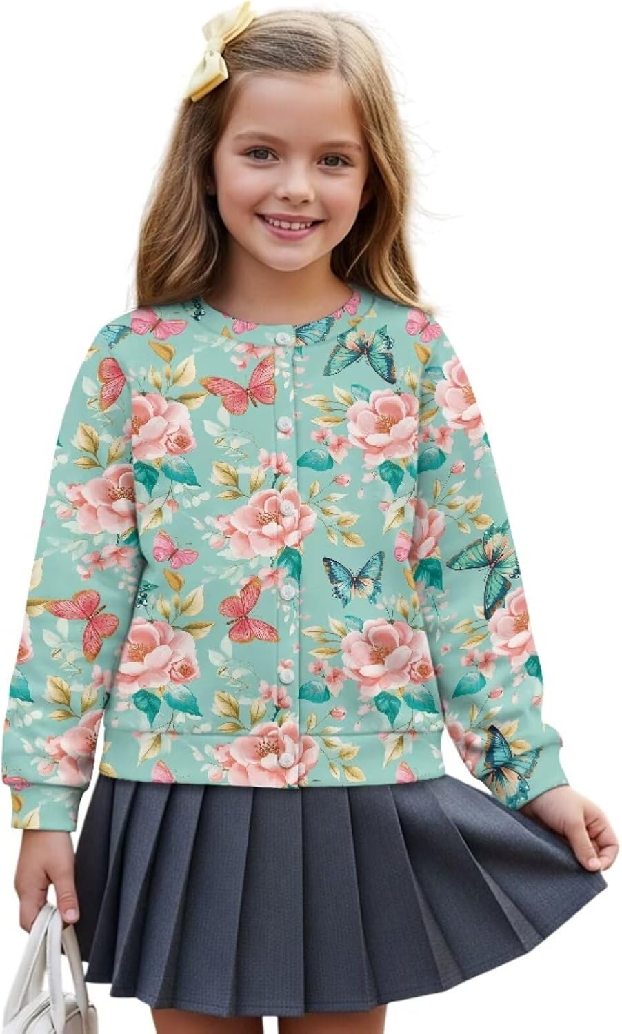 Girls Button Down Cardigan Sweatshirt Long Sleeve Kids Crewneck Cardigans for Outdoor 4-16Years