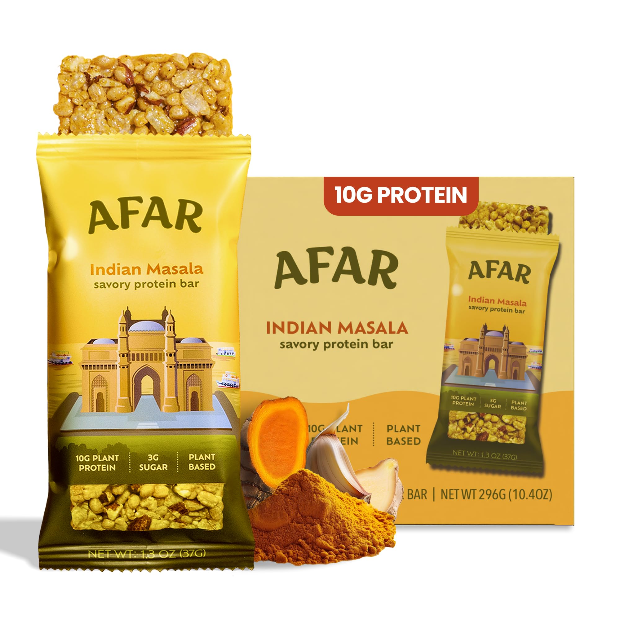 Afar Savory Protein Bars – Low Sugar, High Protein – Healthy Snacks for Adults – Meal Replacement Bar – Rice Crispy Texture – Vegan, Gluten Free (8 Bars, Indian Masala)