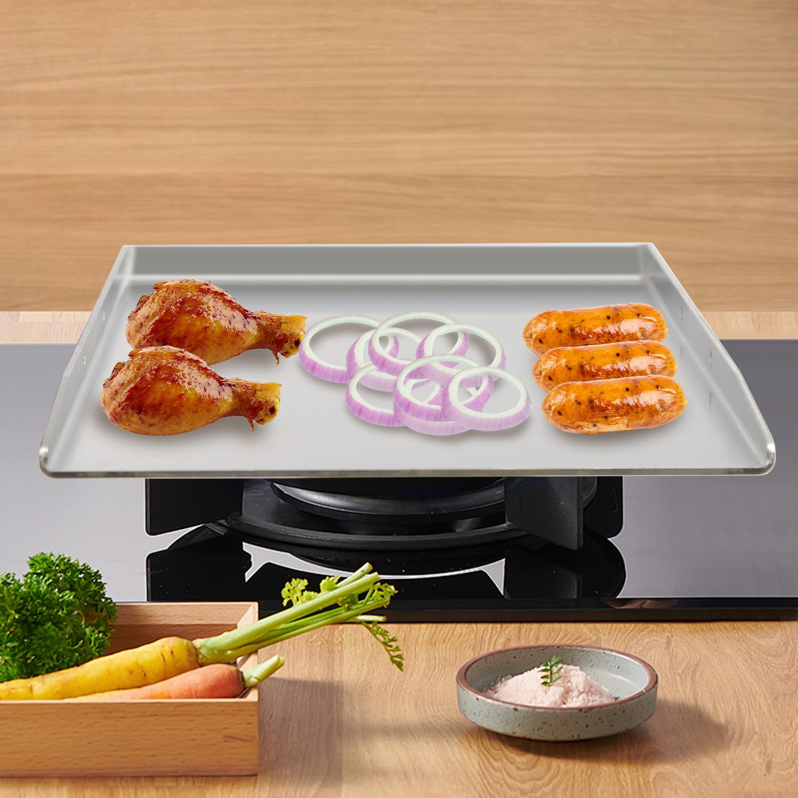 Płyta grillowa, ze stali nierdzewnej Plancha, płyta Teppanyaki z 2 uchwytami, grubość 4 mm, płyta do grilla gazowego i grilla węglowego (49 x 32,5 cm)