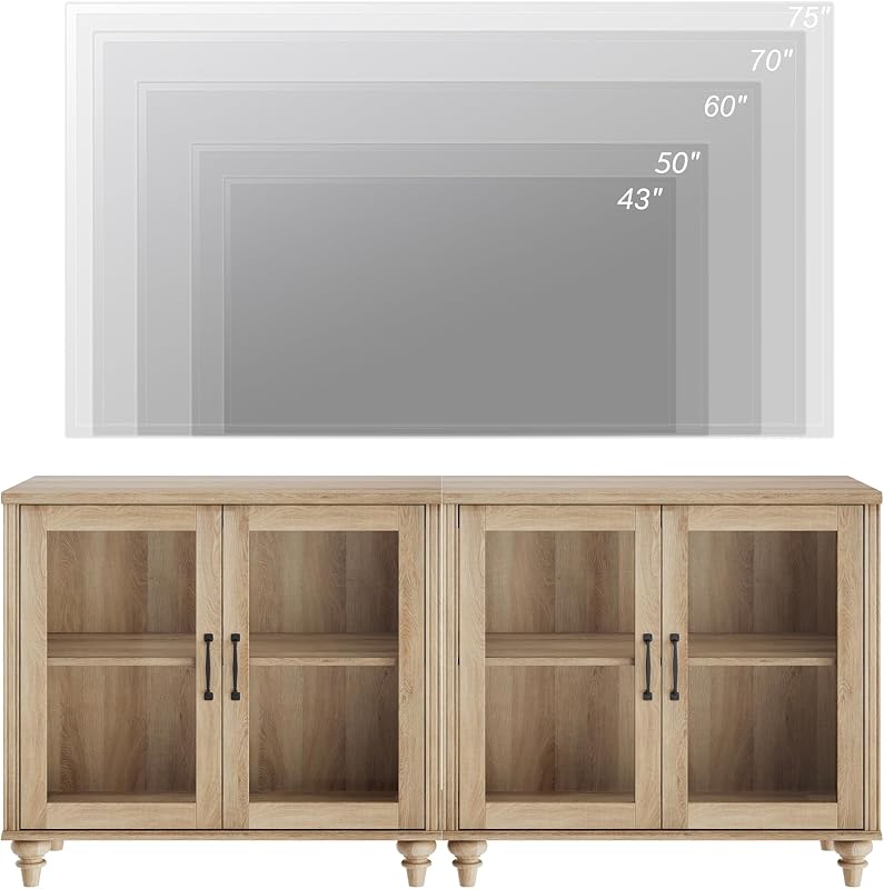 WAMPAT Entertainment Center with Bookshelves for TVs up to 75", Farmhouse Wall Unit TV Stand with Glass Doors & Drawer, Media Console Table for Living Room, Bedroom & Home Theater, Oak image 6