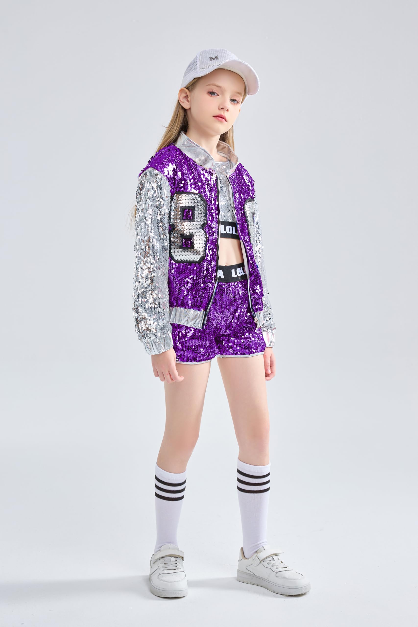 LOLANTA 4 Pcs Filles Paillettes Danse Costume Enfants Hip Hop Stree Dance Vêtements Ensemble Attacher des Chaussettes, 4-15 ans