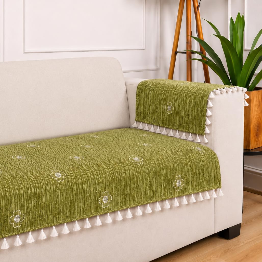 STITCHNEST 'Artisoul Series' Chenille Sofa Cover 2 Seater with 2 Hand Rest Covers | Premium Heavy Fabric, Washable & Fade Resistant | Flower Green Sofa Protector with Tassels | Size 48x30 Inch