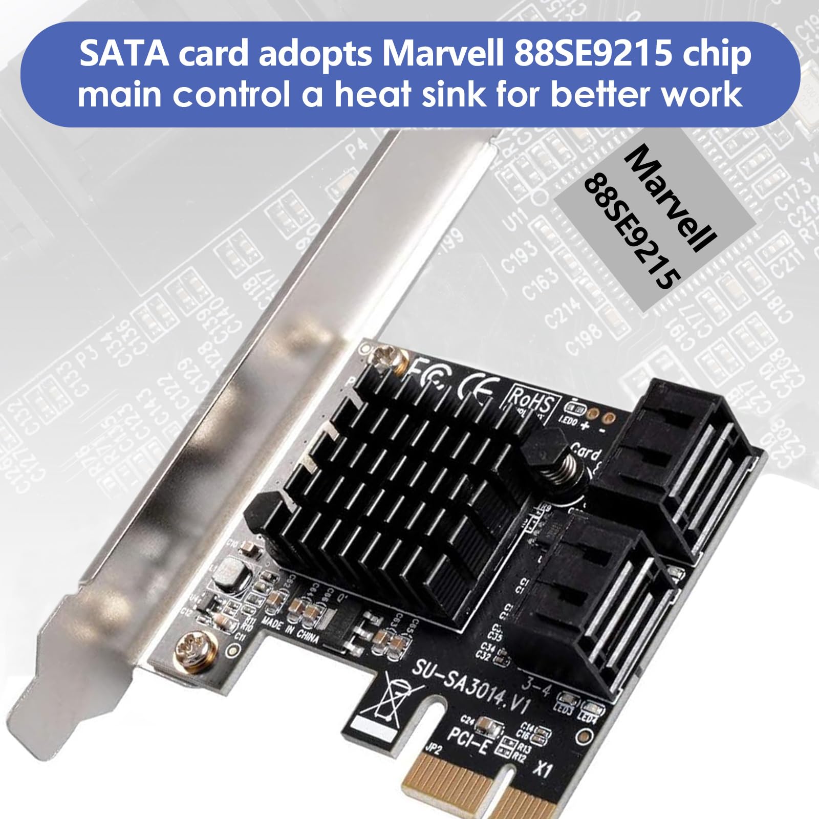 Carte PCIE 1 x SATA 4 Ports, avec 4 câbles SATA et Support à Profil Bas, contrôleur PCIE vers SATA 3.0 6 Gbit/s, Carte d'extension PCIE vers SATA, Carte PCIE contrôleur SATA