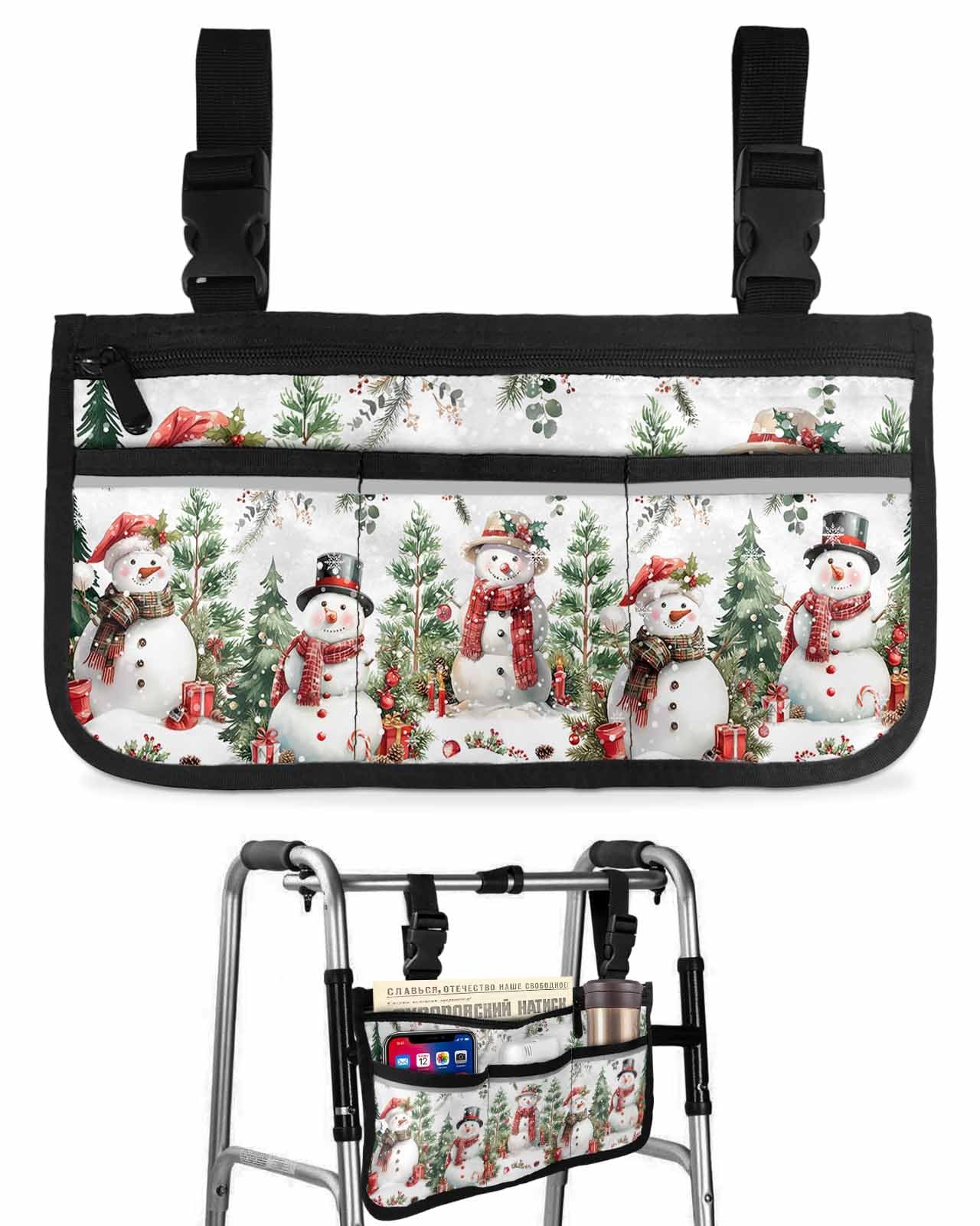 Anzona Christmas Poinsettia Wheelchair Side Bag Walker Bag, Rustic Snowman Xmas Tree Botanical Wheelchair Accessories Armrest Pouch, Organizer Storage Bag for Walkers, Rollators, Scooters, 7.3''x13''