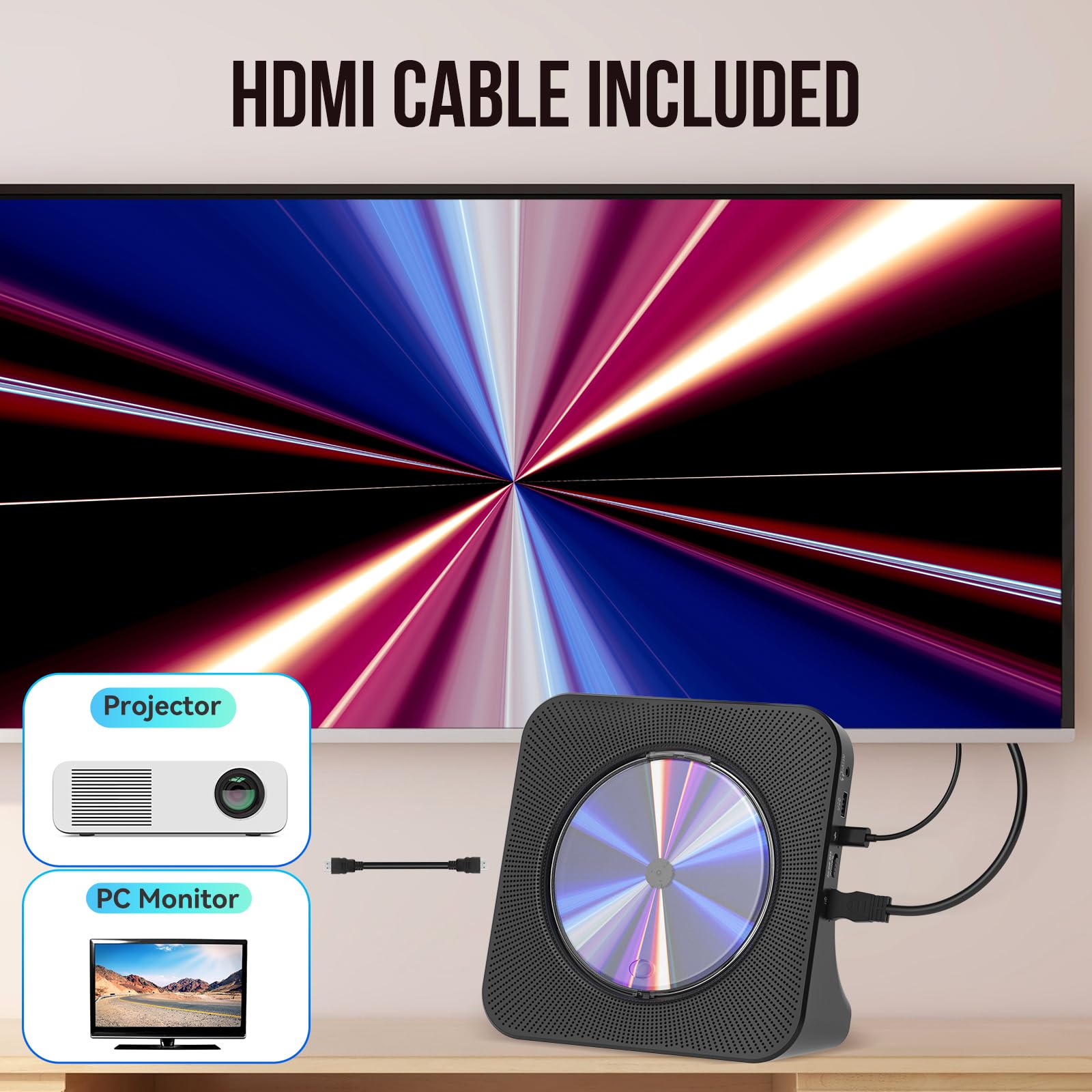 Gueray Reproductor de DVD para TV Bluetooth Reproductor de DVD/CD de Sobremesa para el Hogar con Altavoces Radio FM con Reproductor de CD de Tarjetas USB Incluye Mando a Distancia Cable HDMI