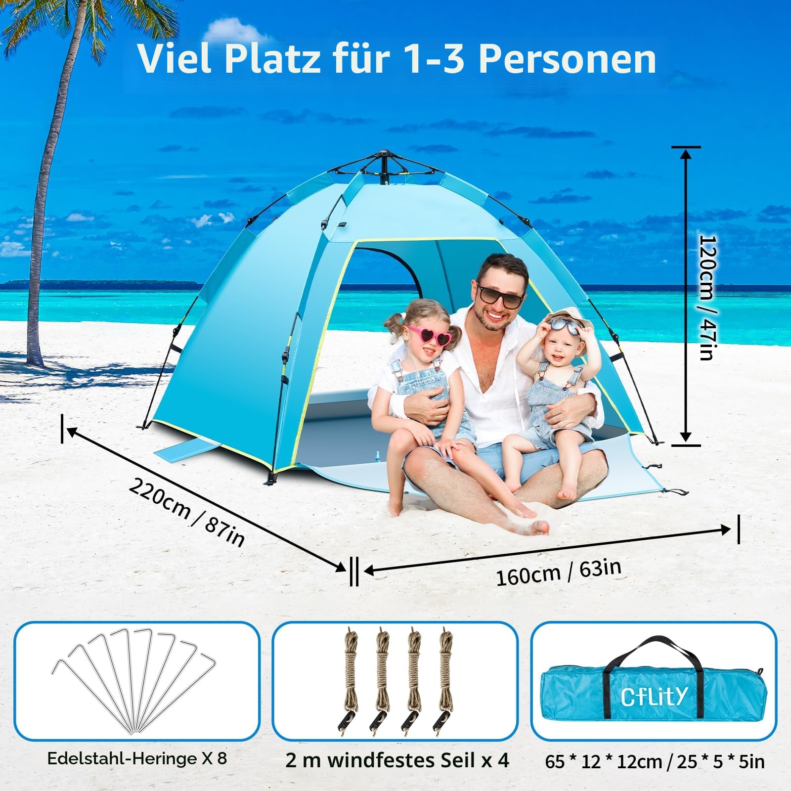 Cflity Strandmuschel, 1-3 Personen Automatische Instant Pop Up Strandzelt, UV Schutz 50+ Sonnenschutz Groß Tragbar Extra Light Pop Up Zelt mit Doppeltür für Garten, Fischen, Picknick