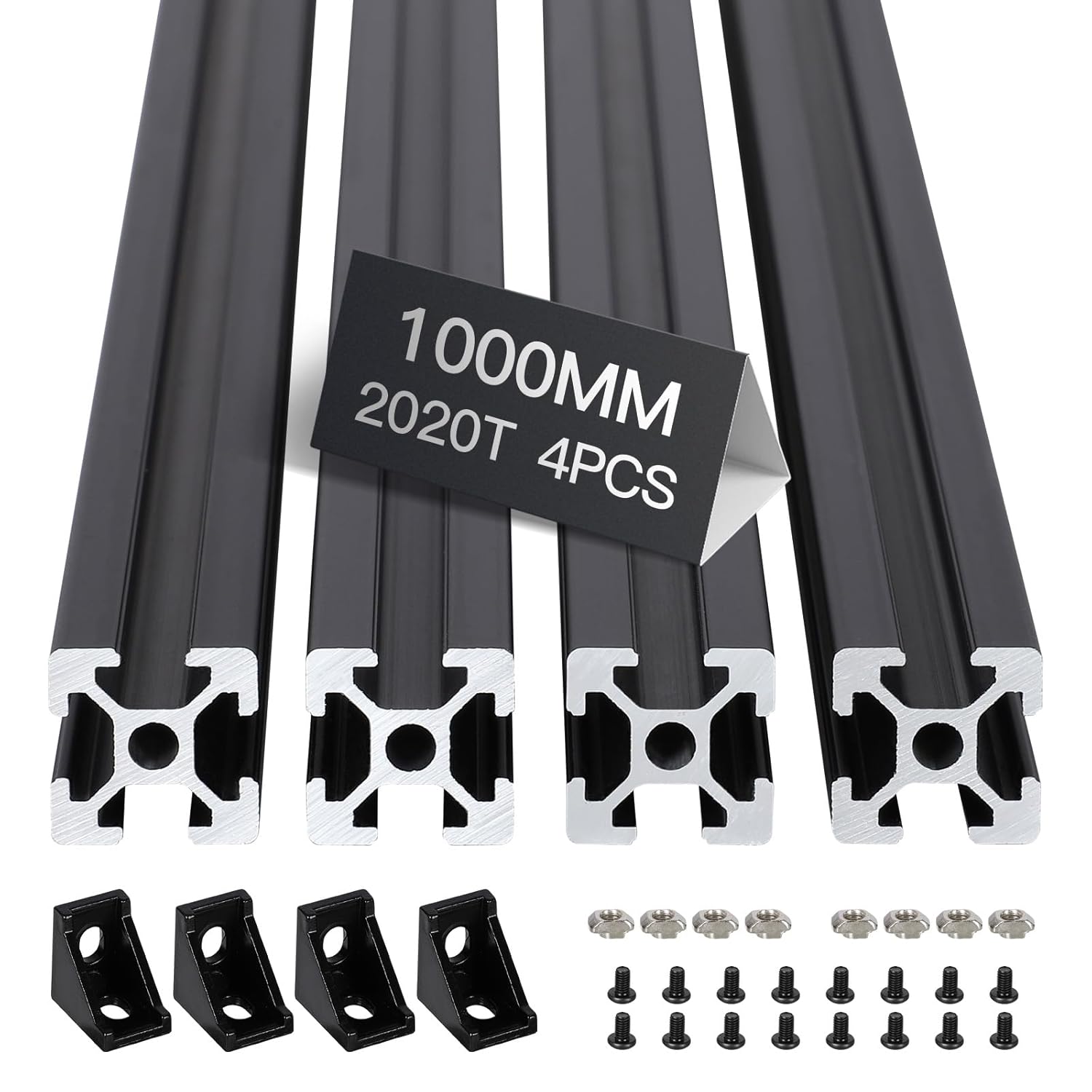 4pcs 1000mm T Slot 2020 Aluminum Extrusion European Standard Anodized Linear Rail for 3D Printer Parts and CNC DIY Black