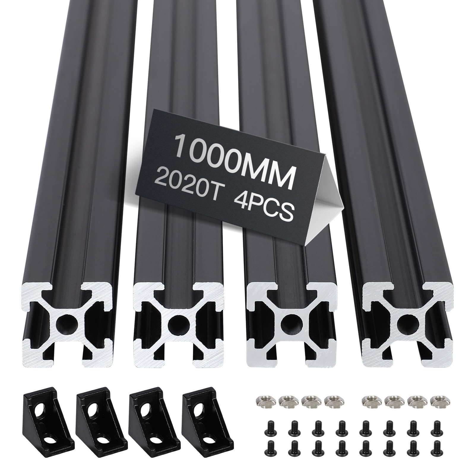 4pcs 1000mm T Slot 2020 Aluminum Extrusion European Standard Anodized Linear Rail for 3D Printer Parts and CNC DIY Black