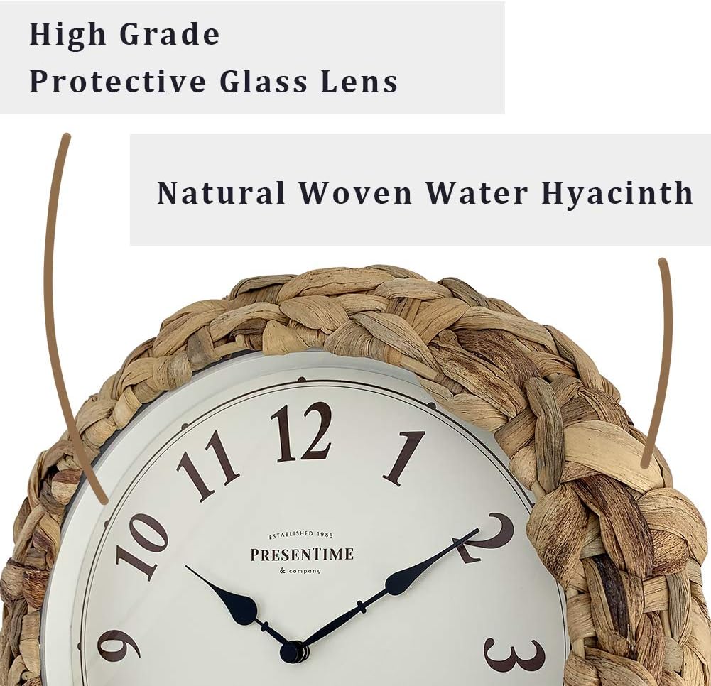 PresenTime & Co Farmhouse Series, Rustic Woven Clock, 10.6 inch, Natural Woven Water Hyacinth/Sea Grass