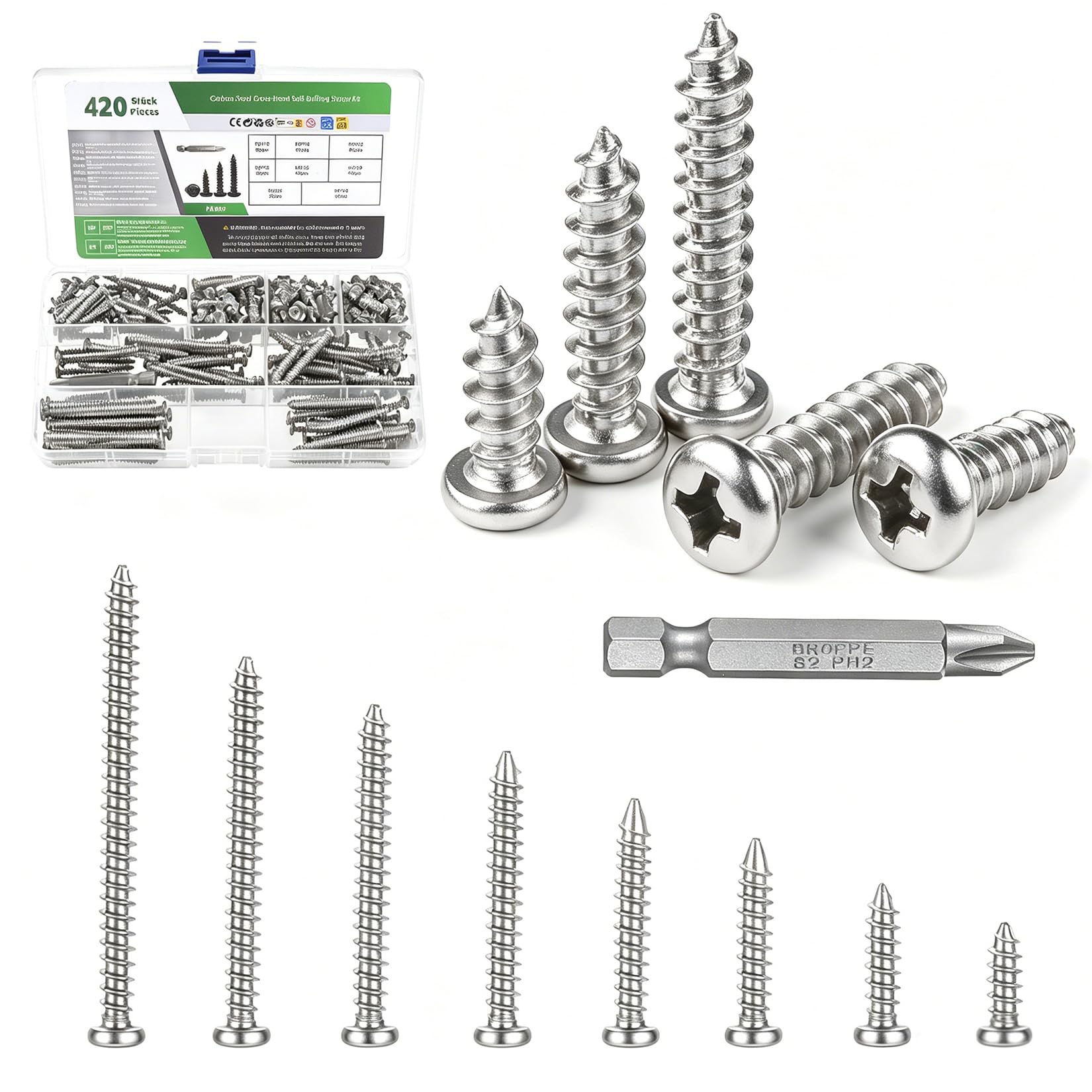 420 Pcs Self Tapping Screws Metal, M3 Wood Screws Assortment Set, Self Drilling Cross Round Head Sheet Metal Screw Set for DIY Metal Plastic Wood Repairs(Silver)