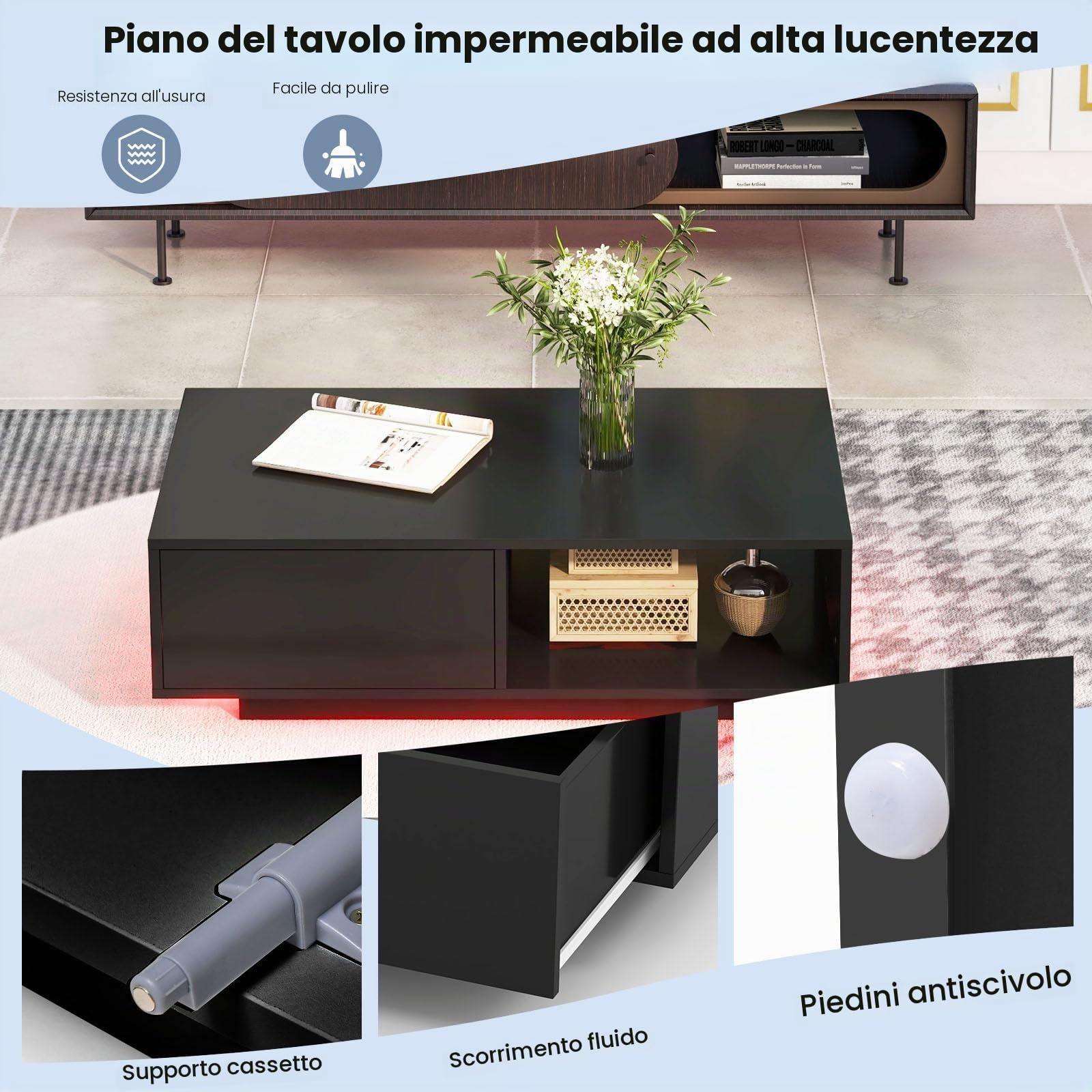 LIFEZEAL Tavolino da Salotto con Luci a LED, 1 Cassetto, 1 Scomparto, Colori, Luminosità Regolabili, Moderno, Basso, Remoto Controllo, Tavolino da Caffè, Soggiorno, Max 65kg, 95x55x31cm, Nero Lucido
