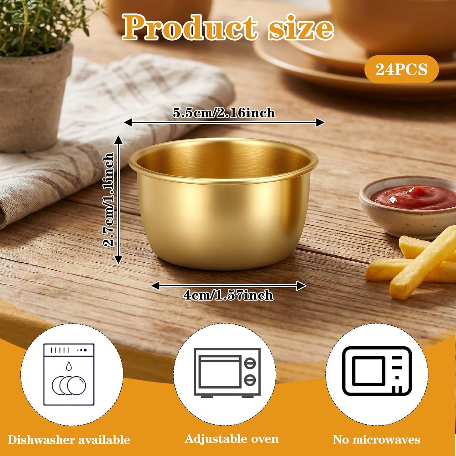 24Pcs Metal Sauce Cups Set - Mini Ramekins 2oz Stainless Steel Dipping Bowls for Ketchup Dressing Condiment, Gold Reusable Round Containers for Party Restaurant Home Kitchen Cooking