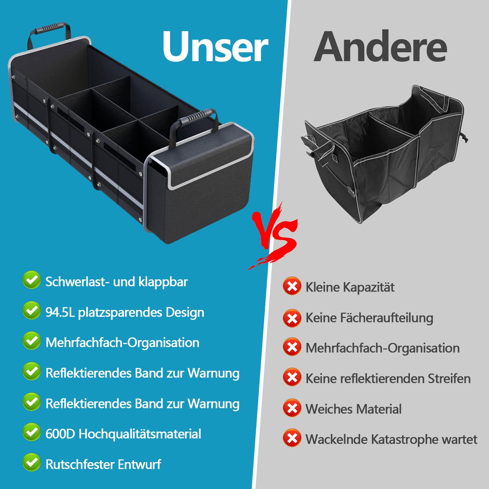 Organizer per bagagliaio extra grande da 94,5 l, con borsa termica da 18 l, pieghevole, con 5 scomparti, coperchio pieghevole e spallacci regolabili