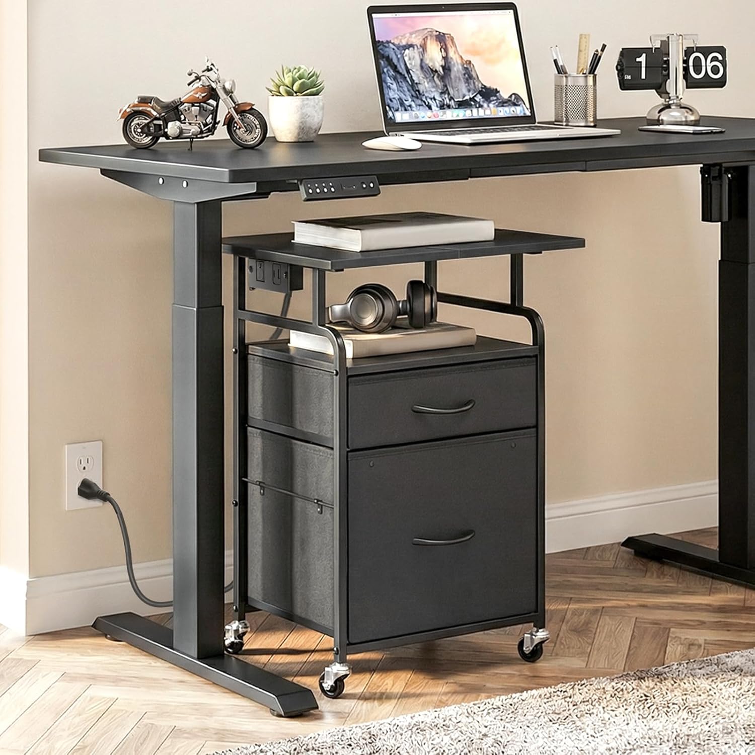HOOBRO Large Printer Stand with Drawers, Printer Table on Wheels, Mobile Filing Cabinet with Charging Station, Printer Cart for Home Office, Living Room, Black BB15UPS01